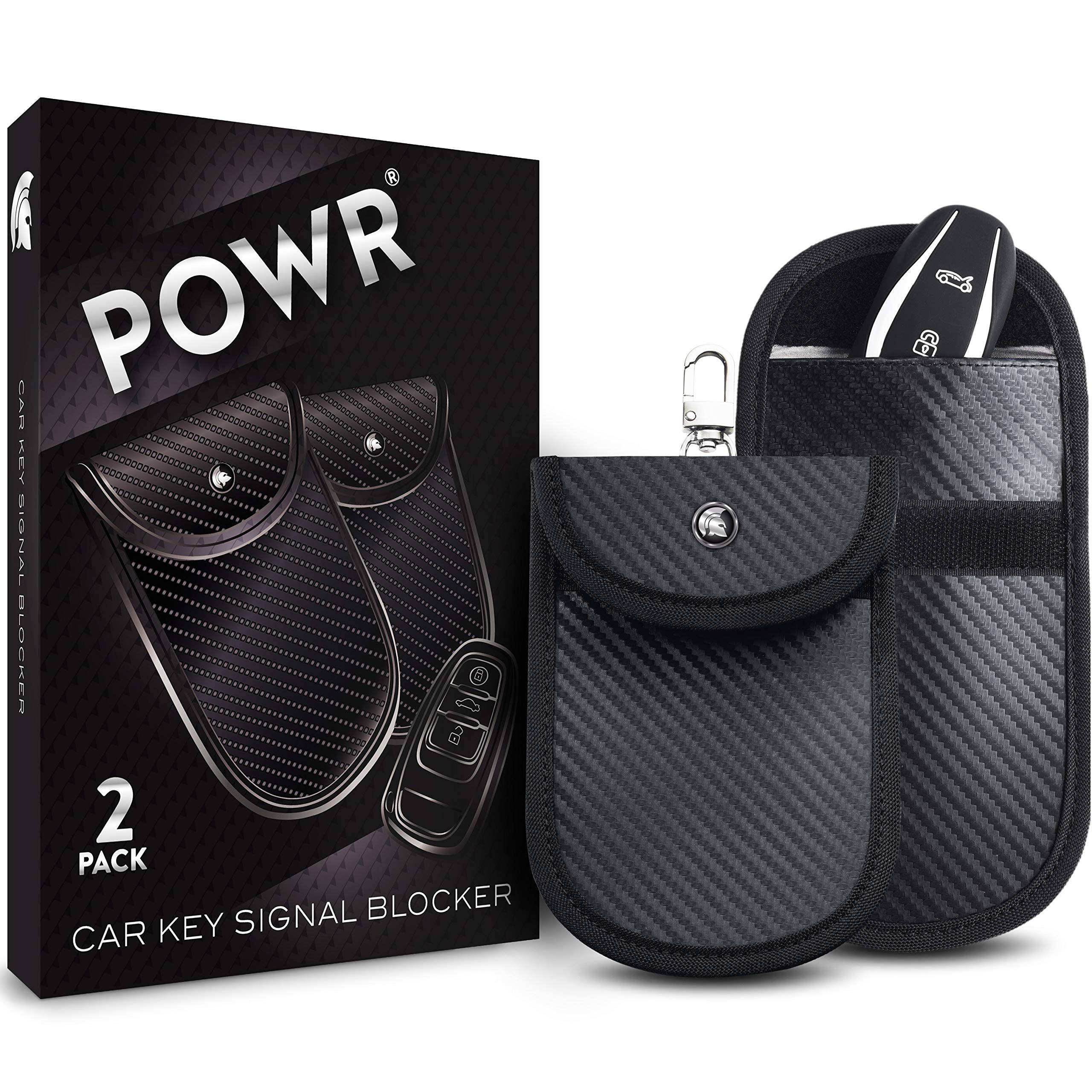 Powr Faraday Car Key Signal Blocker Pouches Pack of 2, Built-in Clips for Keys, Antitheft Carbon Fibre Bag Protector, Keyless Fobs & Remote Entry Keys