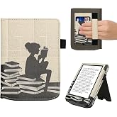 kwmobile Case Compatible with Pocketbook Verse/Verse Lite/Pro/Color/Vivlio Light HD - Case PU Leather Cover with Magnet Closure, Stand, Strap, Card Slot - Girl and Books Black/Beige