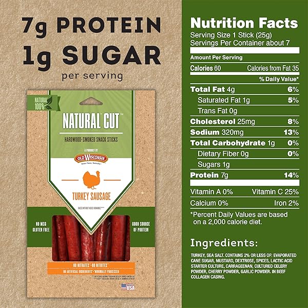 OLD WISCONSIN NATURAL CUT TURKEY SAUSAGE SNACK STICKS, NATURALLY SMOKED, READY TO EAT, HIGH PROTEIN, LOW CARB, KETO, GLUTEN FREE, NO PRESERVATIVES OR NITRATES, 6 OUNCE
