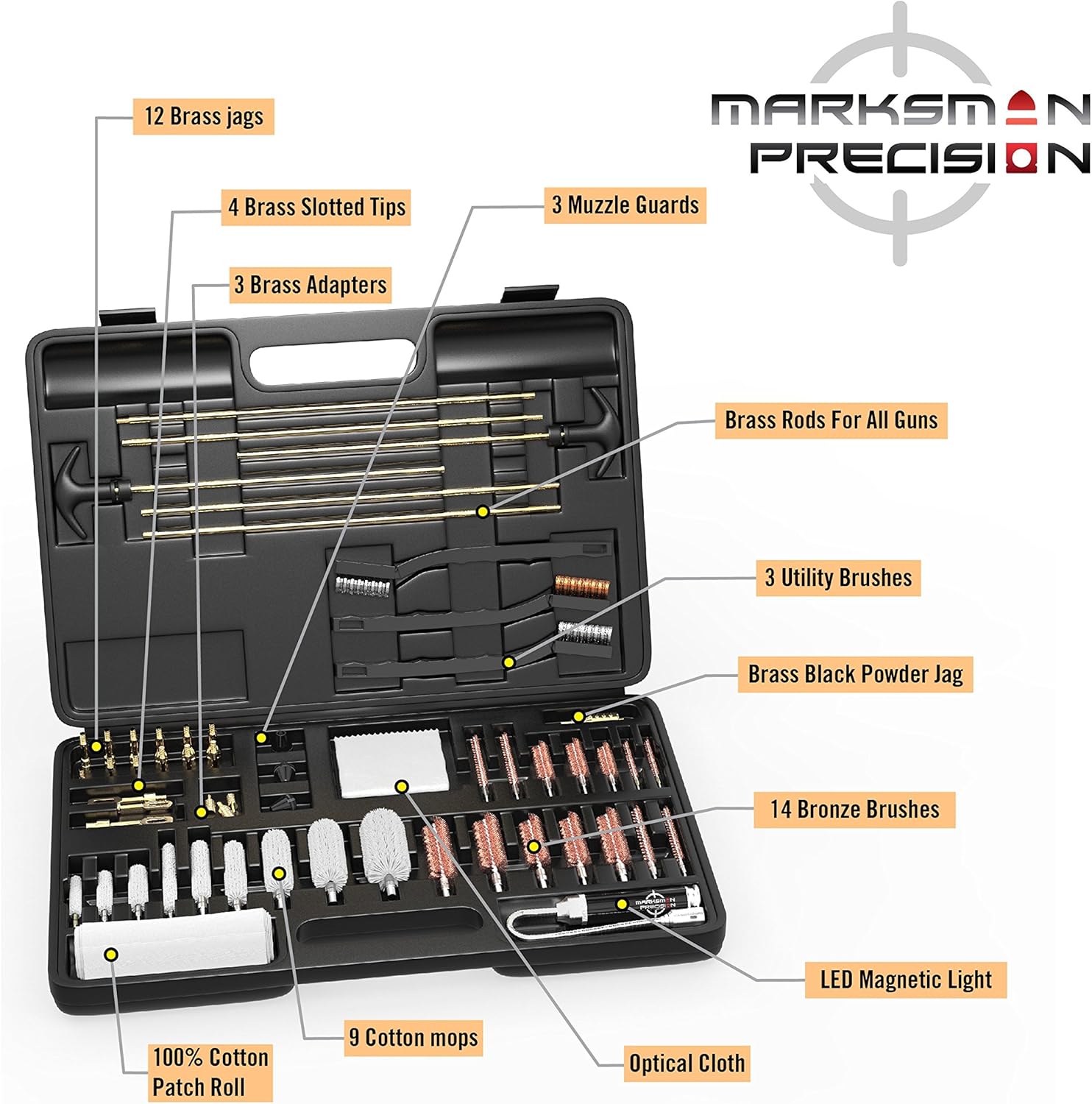 Marksman Precision Universal Gun Cleaning Kit - Brass Jags - Slotted Tips - Rods - Brushes - LED Bore Light - Optical Cloth - Hunting Shooting Rifle Pistol Shotgun - Heavy Duty Case - Retail Package : Sports & Outdoors