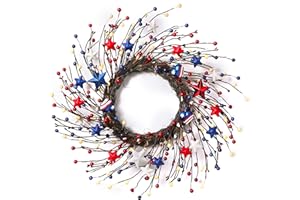 DECOR BY HANNAH DecorbyHannah 4th of July Wreath for Front Door, 20 inch Patriotic American Flag Door Wreaths, Red White Blue Berry Twig Wreath with Stars and Hearts for National Holiday for Window Porch, Table Decor