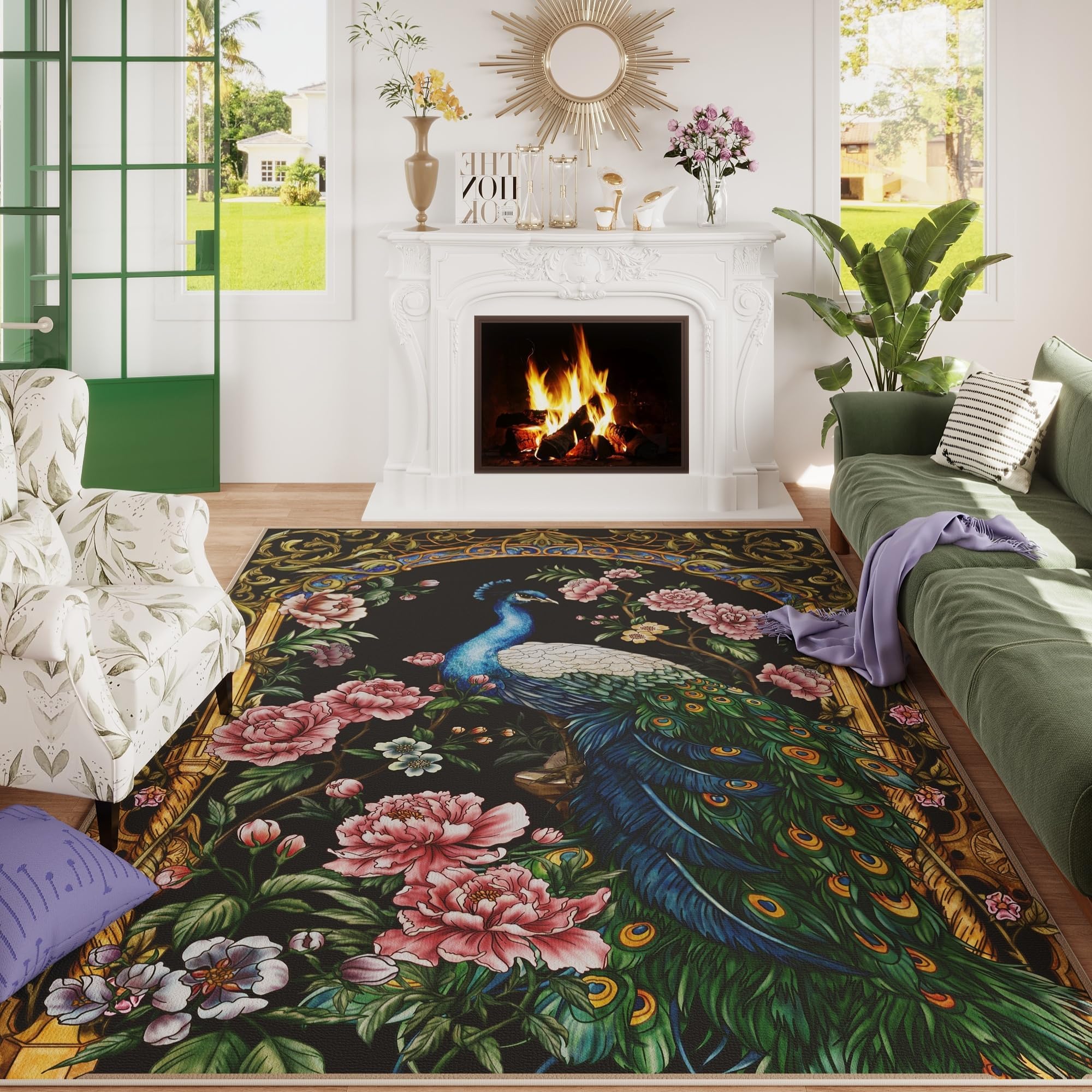Photo 1 of Vowkten Living Room Rug 5x7 Rug Machine Washable Floral Peacock Area Rug Non Slip Floral Animal Vintage Low Pile Large Rugs for Living Room, Bedroom, Farmhouse, Dining Room, Kids Playroom (Black)