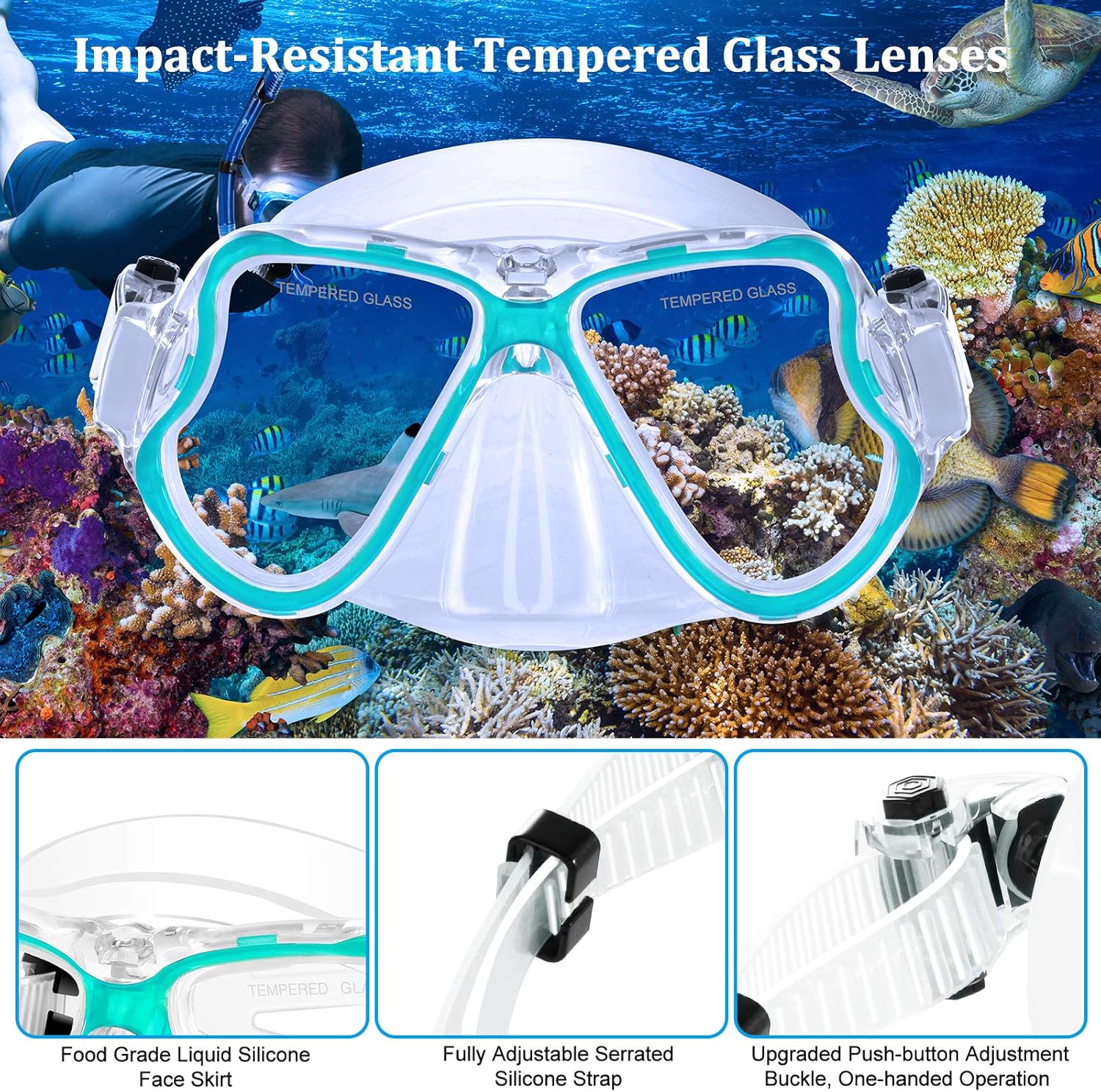 JARDIN Dry Top Snorkel Set, Panoramic Wide View Snorkel Mask, Anti-Fog Tempered Glass Diving Mask, Free Breathing& Easy Adjustable Strap Scuba Mask, Professional Snorkeling Gear for Adults (Teal) : Sports & Outdoors