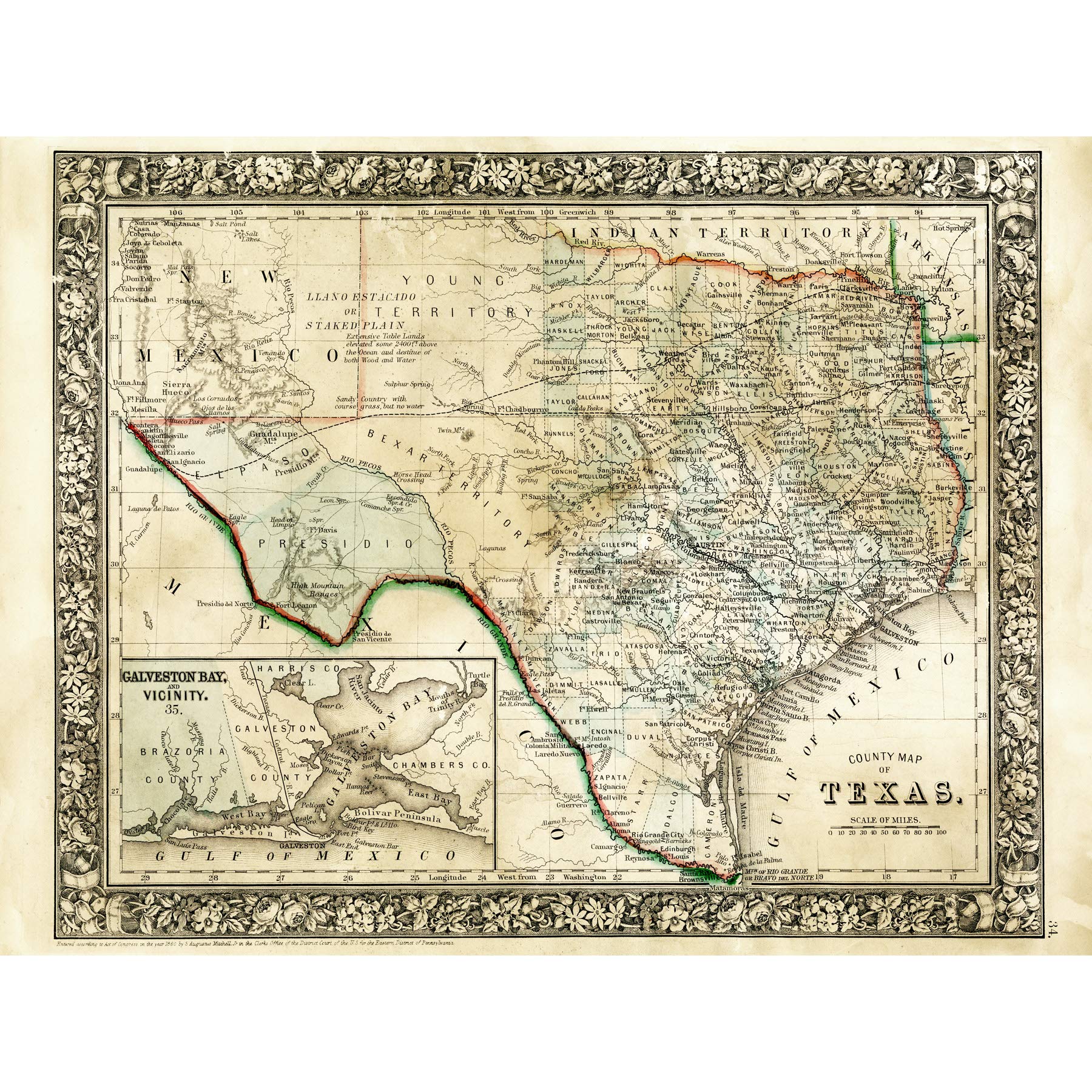 Mitchell 1860 Map Texas County USA State Large Wall Art Poster Print Thick Paper 18X24 Inch