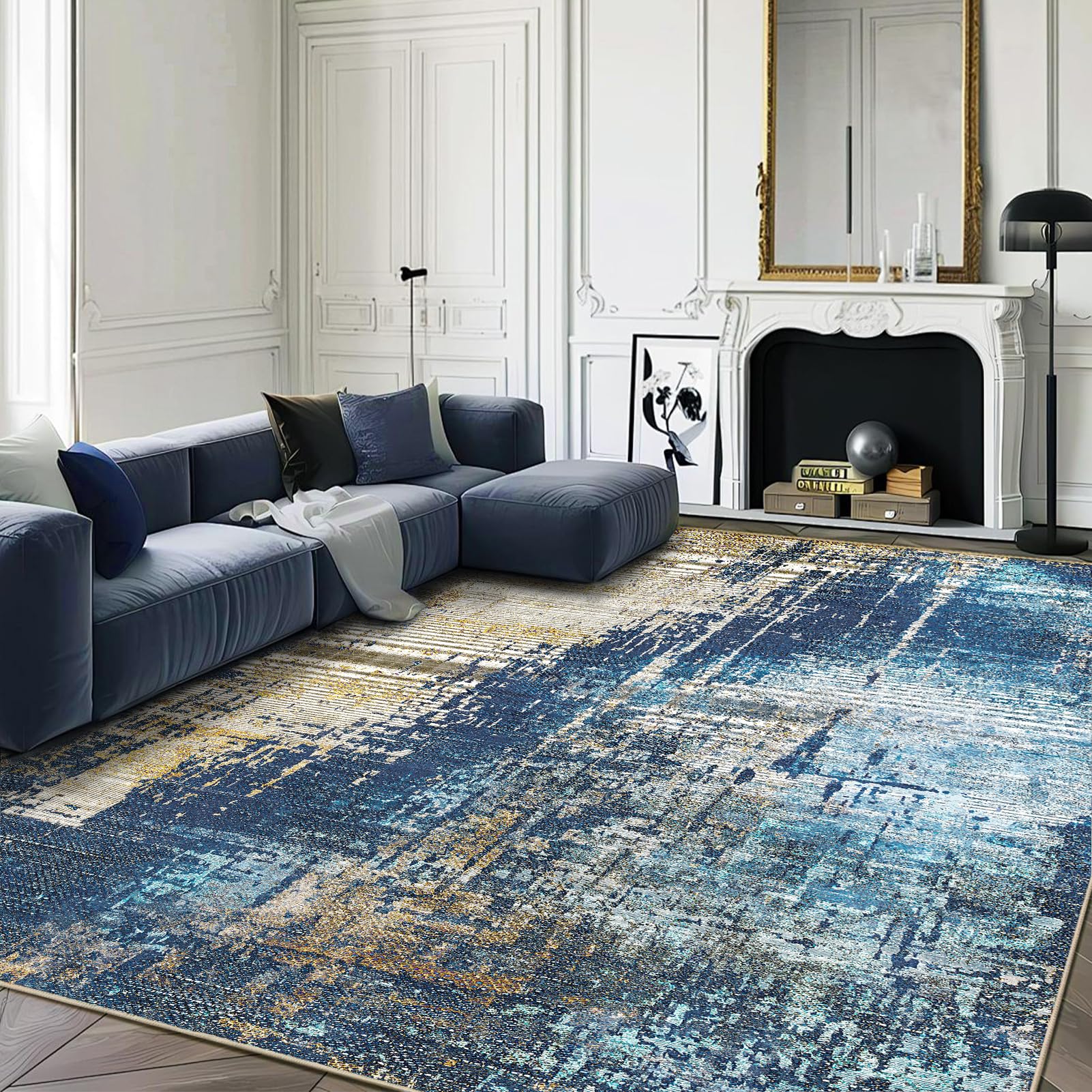 Photo 1 of VKLIVING Machine Washable 6'x9' Abstract Area Rug - Non Slip, Modern Woven Boho Carpet for Living Room, Bedroom, Kitchen & Dining - Soft, Home Decor & Office - Navy-Gold