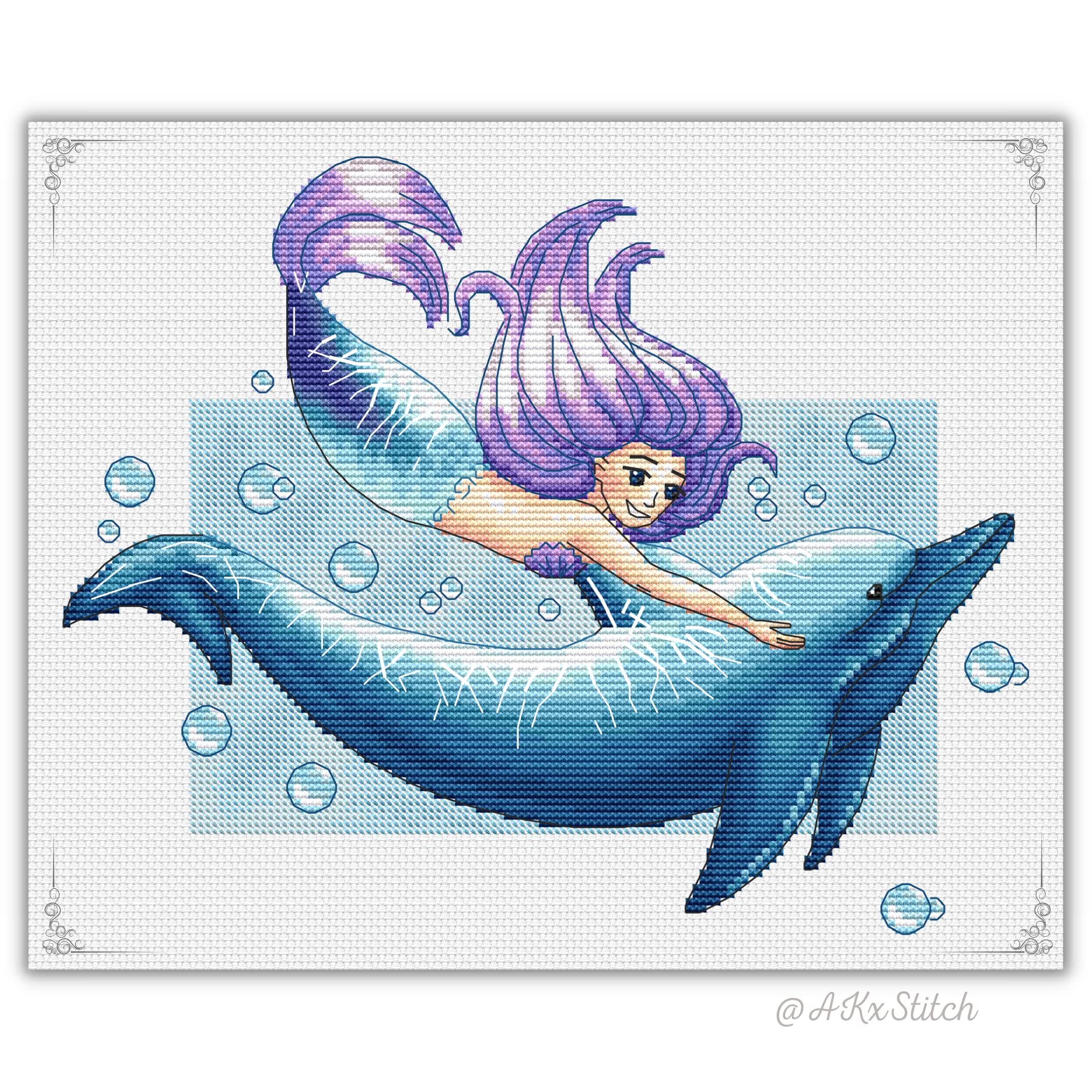 AKxStitch Mermaid Cross Stitch Kit/Embroidery Pattern & Supplies, Cute Mermaid & Dolphin, Easy to Follow Needlepoint