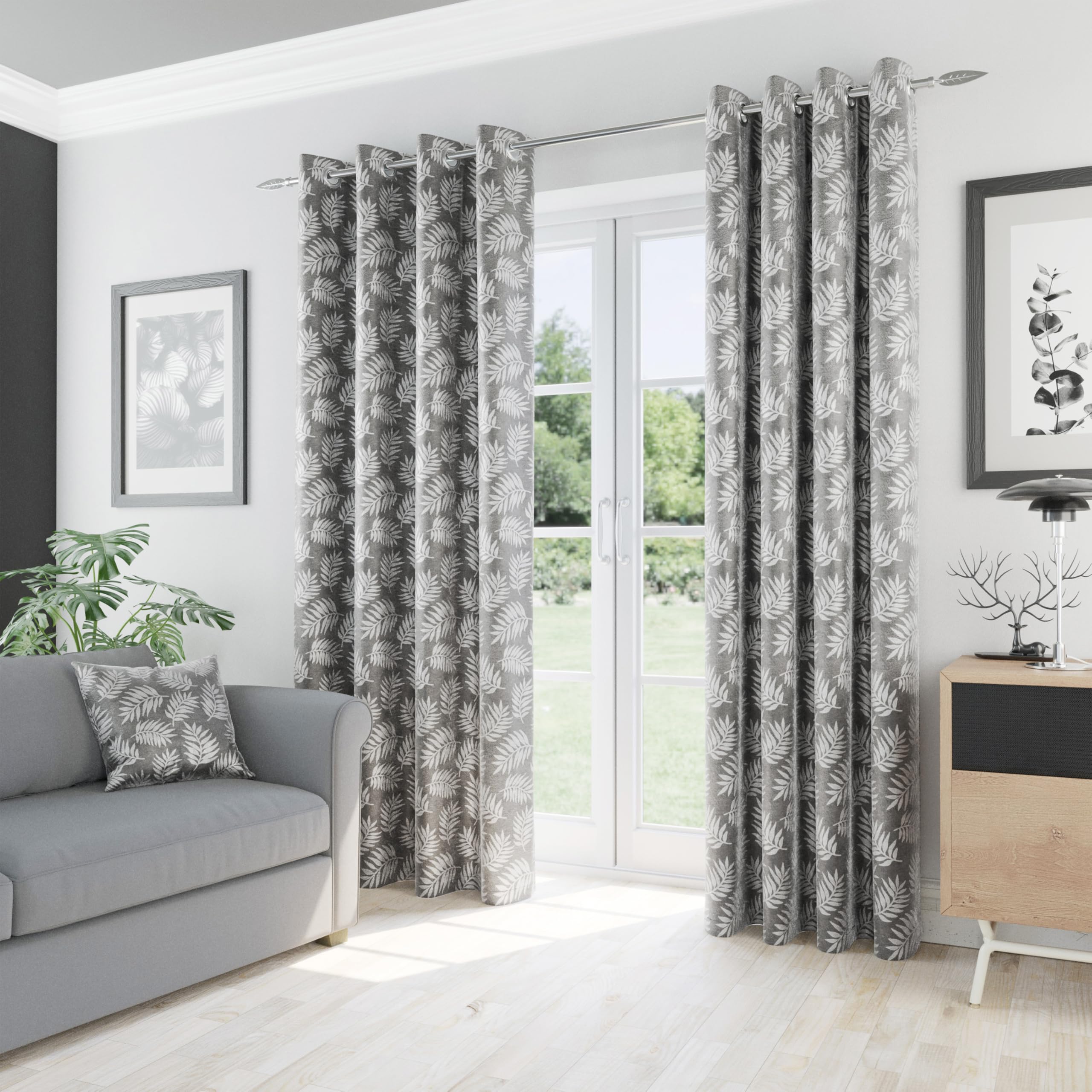 Oakland Grey Leaf Print Thermal Blockout Curtains with Eyelet Top - 66 x 72 inch (168x183cm) - Energy Saving & Noise Reducing Curtains for Living Room & Bedroom