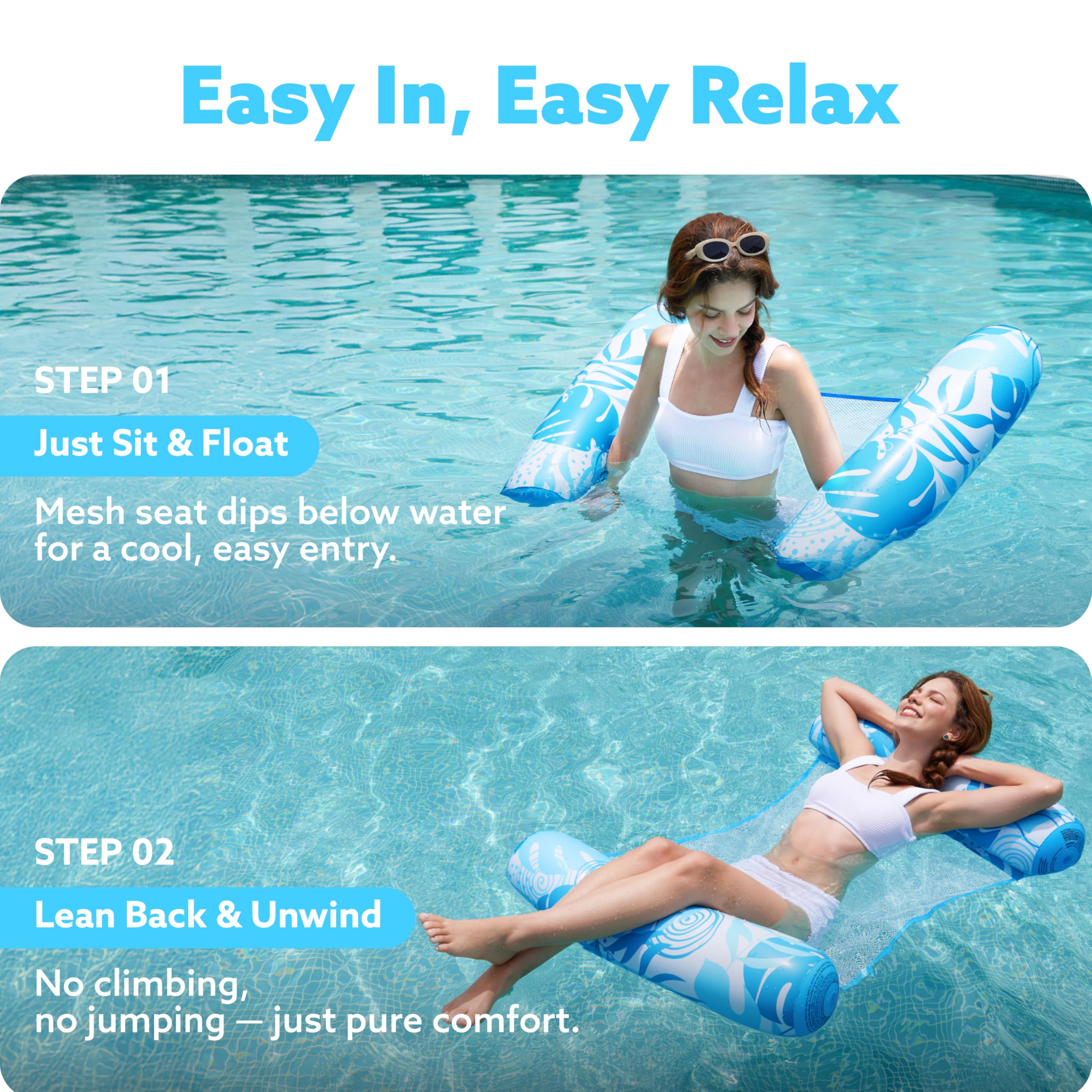 SLOOSH 2 Packs Hammock Pool Floats Adults, 4-in-1 Multi-Purpose Inflatable Pool Floats PVC Water Hammock Lounge Floaties