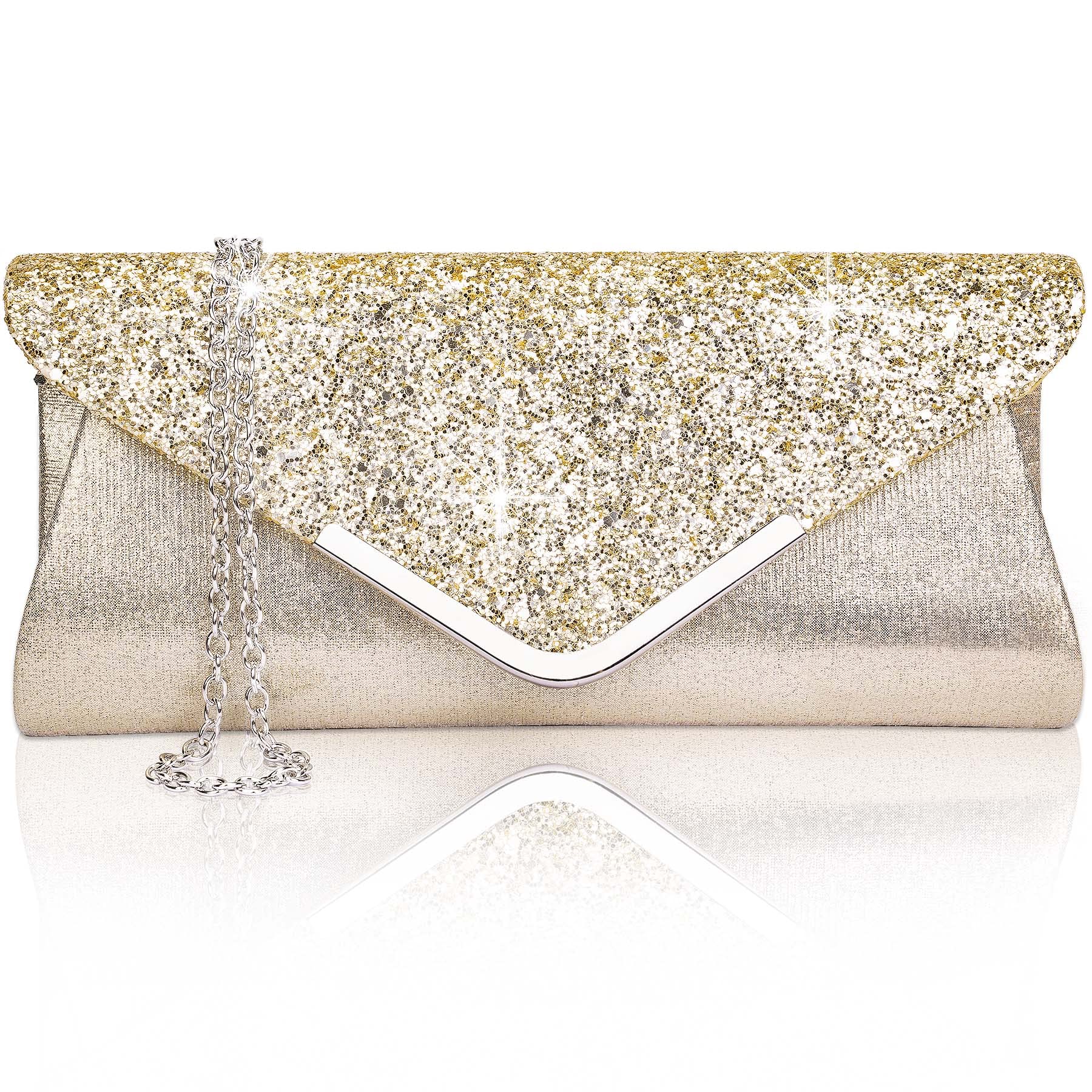 Larcenciel Women Clutch Bag Elegant Sequins Evening Clutch Purse Chain Shoulder Bags Sparkly gold Evening Bridal Prom Party Handbag Purse