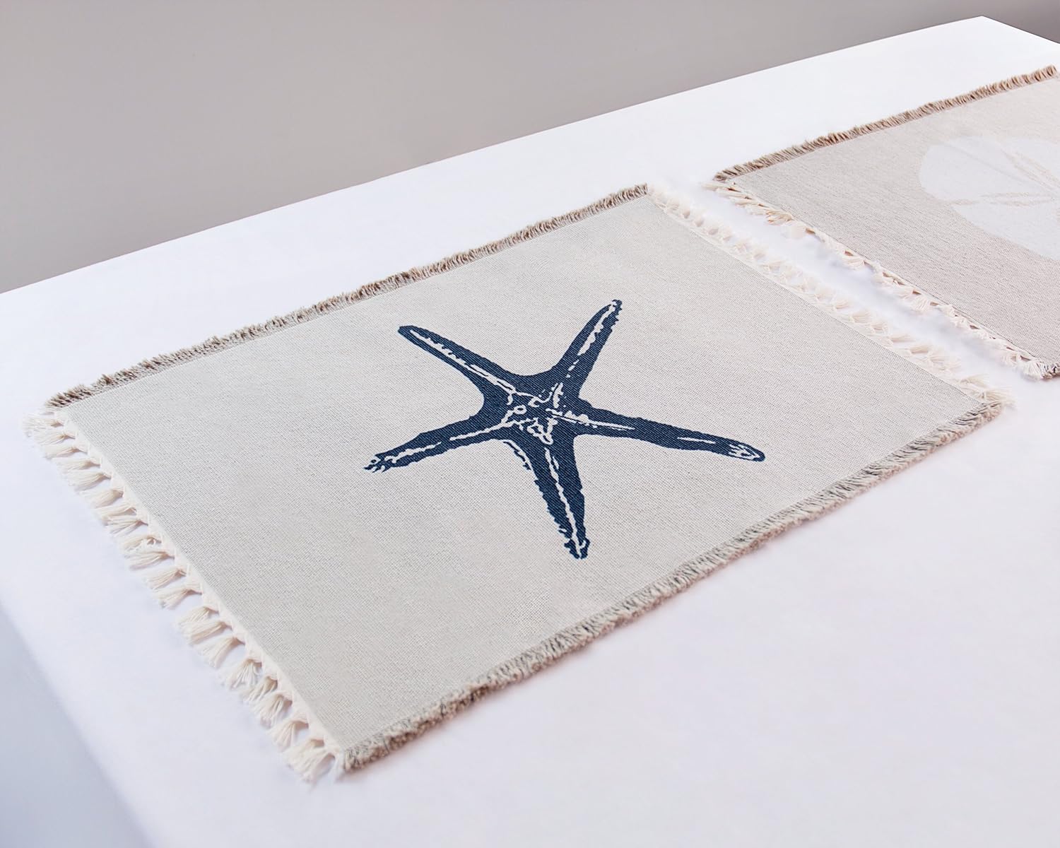 Living Fashions Table Placemats Set of 4 - Beach Themed Nautical Kitchen Placemats for Dining Table - 100% Washable Cotton Place Mat- Seashell, Sand Dollar, Starfish & Anchor Designs with Fringes: Home & Kitchen