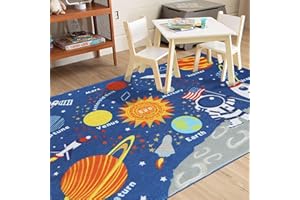 HUAHOO Kids Rug Educational Learning Carpet Galaxy Planets Stars Blue Children's Fun Area Rug Nursery Rugs Solar System Rectangle Rug (Stars, 32"x47")