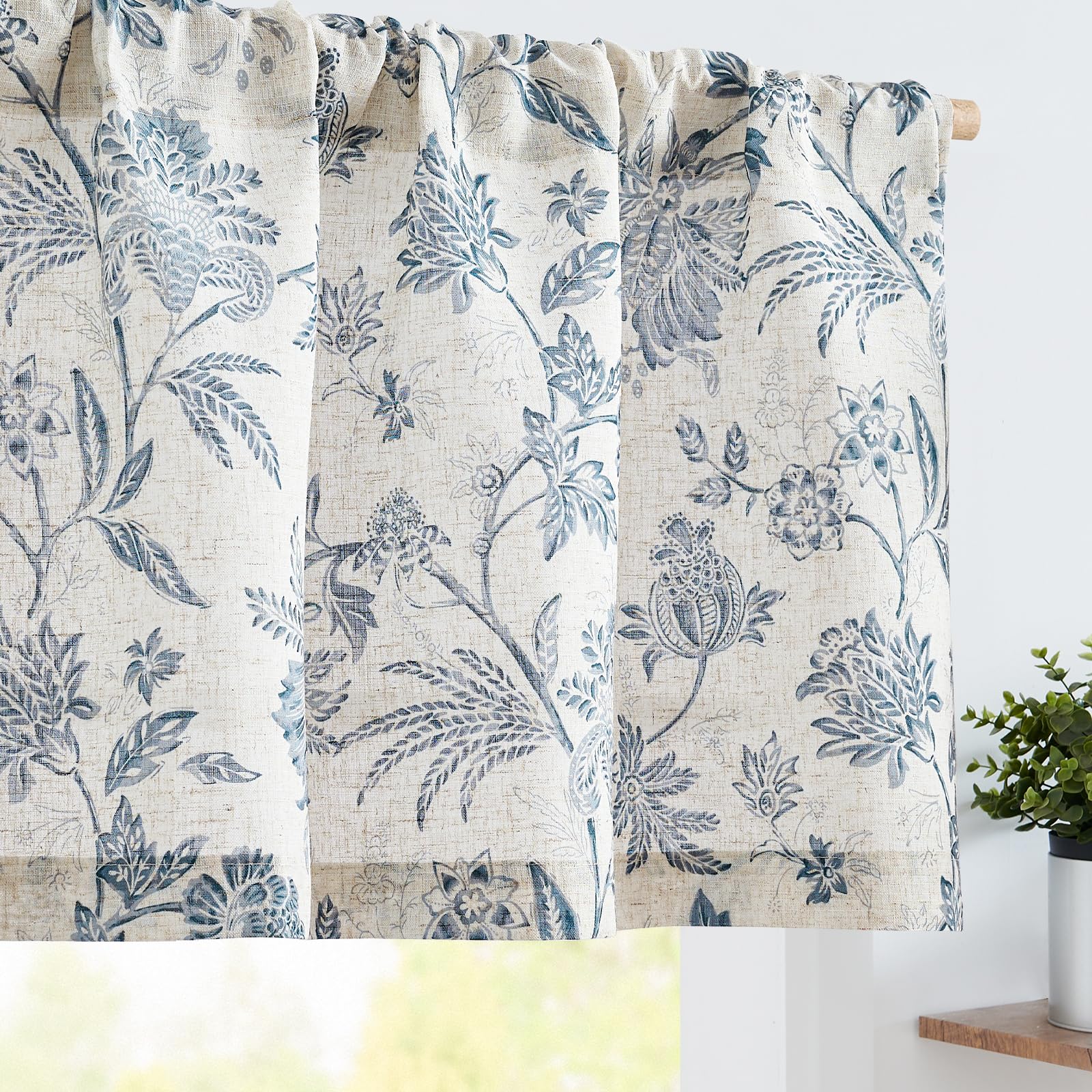 Vangao Linen Valance Curtain Farmhouse Cottage Floral Small Window Curtain Light Filtering for Kitchen Rustic Valance for Living Room Bedroom Rod Pocket 1 Panel Blue on Beige