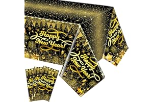 VitalCozy 3 Pcs Happy New Year Tablecloths 2026 New Year's Eve Party Supplies 54 x 108'' Black Gold Plastic Disposable Table Covers for Party Decorations (Balloon Gift Pattern)