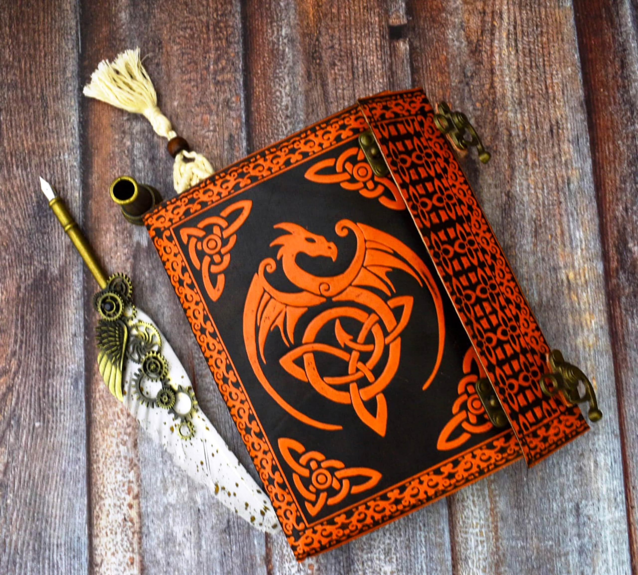 India House-Handmade Leather Journal Embossed Perfect for Calligraphy, Poetry, Guest Book or Instagram | With Macrame Bookmark