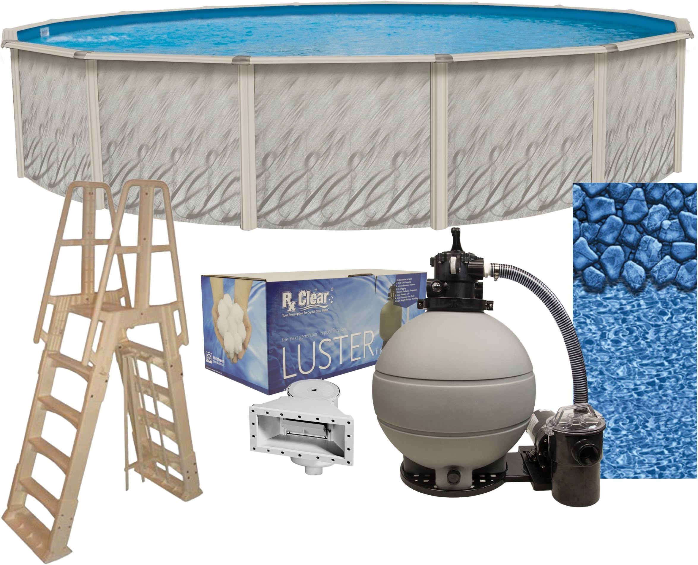 Meadows 27-Foot-by-52-Inch Round Above-Ground Swimming Pool Complete Bundle Kit | Boulder Swirl Pattern Overlap Liner | A-Frame Ladder System | Sand Filter System with Pump | Skimmer