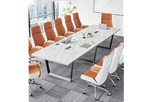ahliss Sturdy Conference Table with Cable Management Grommets Modern Rectangle Office Meeting Table with Wood Tabletop and Metal Frame & Legs- Easy Assembly Boardroom Table (White Marble, 12 Foot)