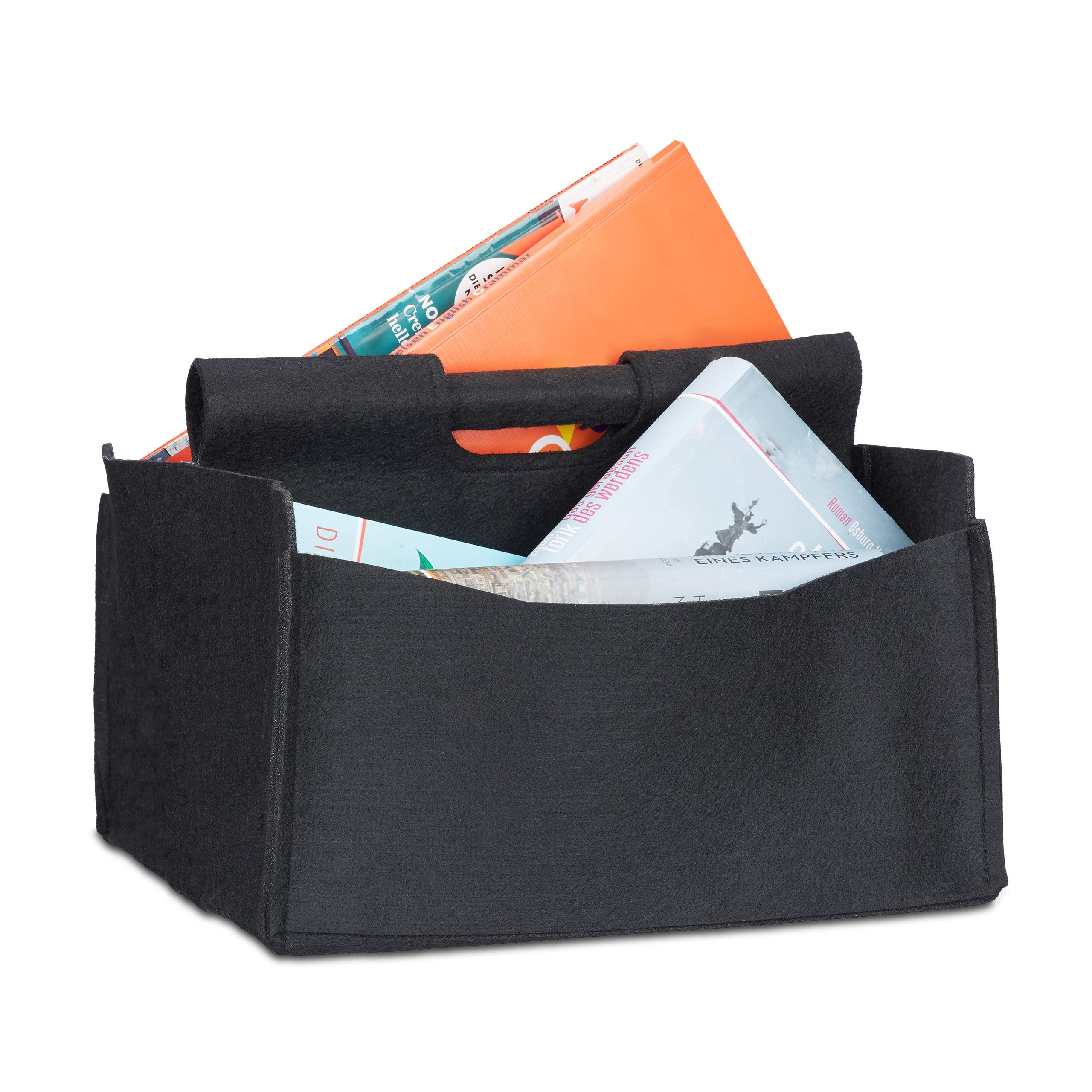 Relaxdays Felt Newspaper Basket, HxWxD: 22 x 32 x 99 cm, 2 Compartments, 1 Handle, Foldable Magazine Holder, Black