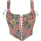Dreay Womens Vintage Floral Print Grommet Lace Up Tie Front Corset Bustier Shapewear Top