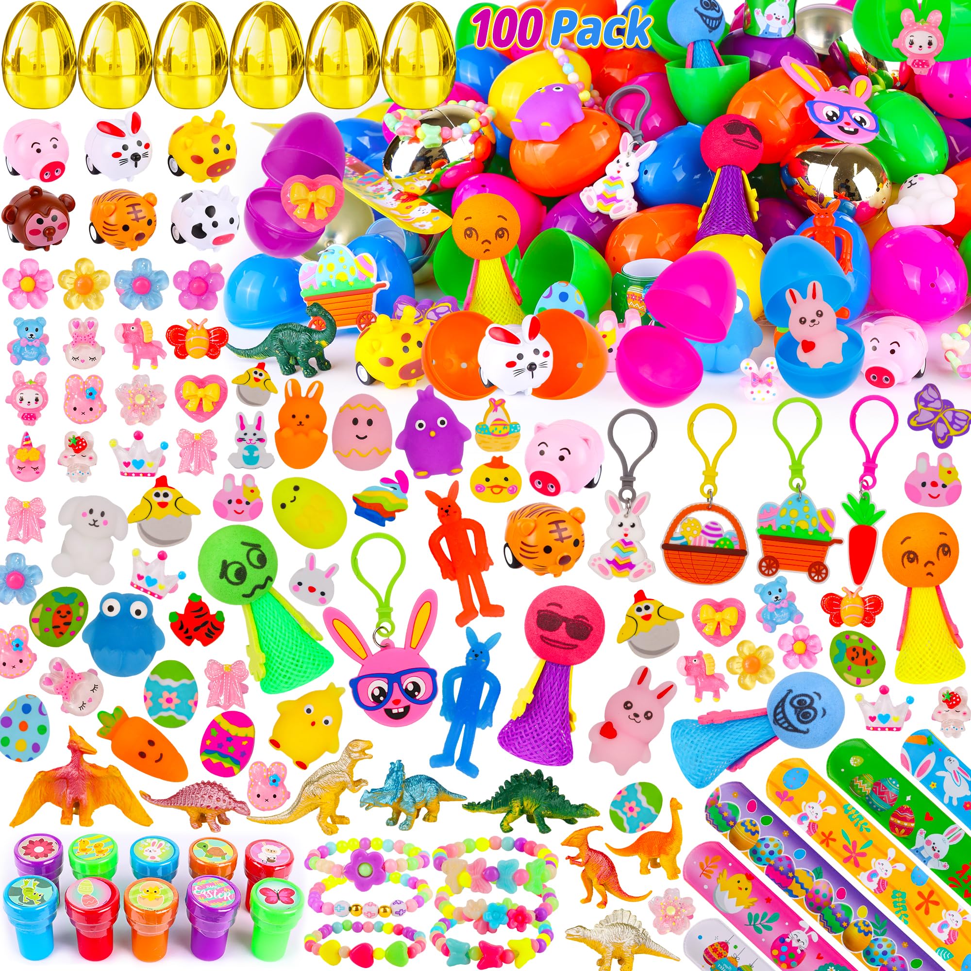 Photo 1 of 100 Pack Prefilled Easter Eggs with Assorted Toys Inside Includes 6 Surprise Golden Eggs, 100 Plastic Easter Eggs Filled with Toys for Easter Basket Stuffers Egg Hunt Party Favors for Kids Boys Girls