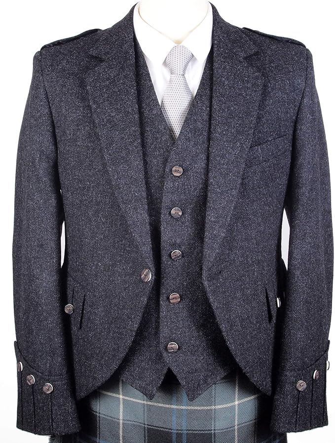 Gaelic Themes Charcoal Tweed Argyll/Argyle Kilt Jacket with Five Button