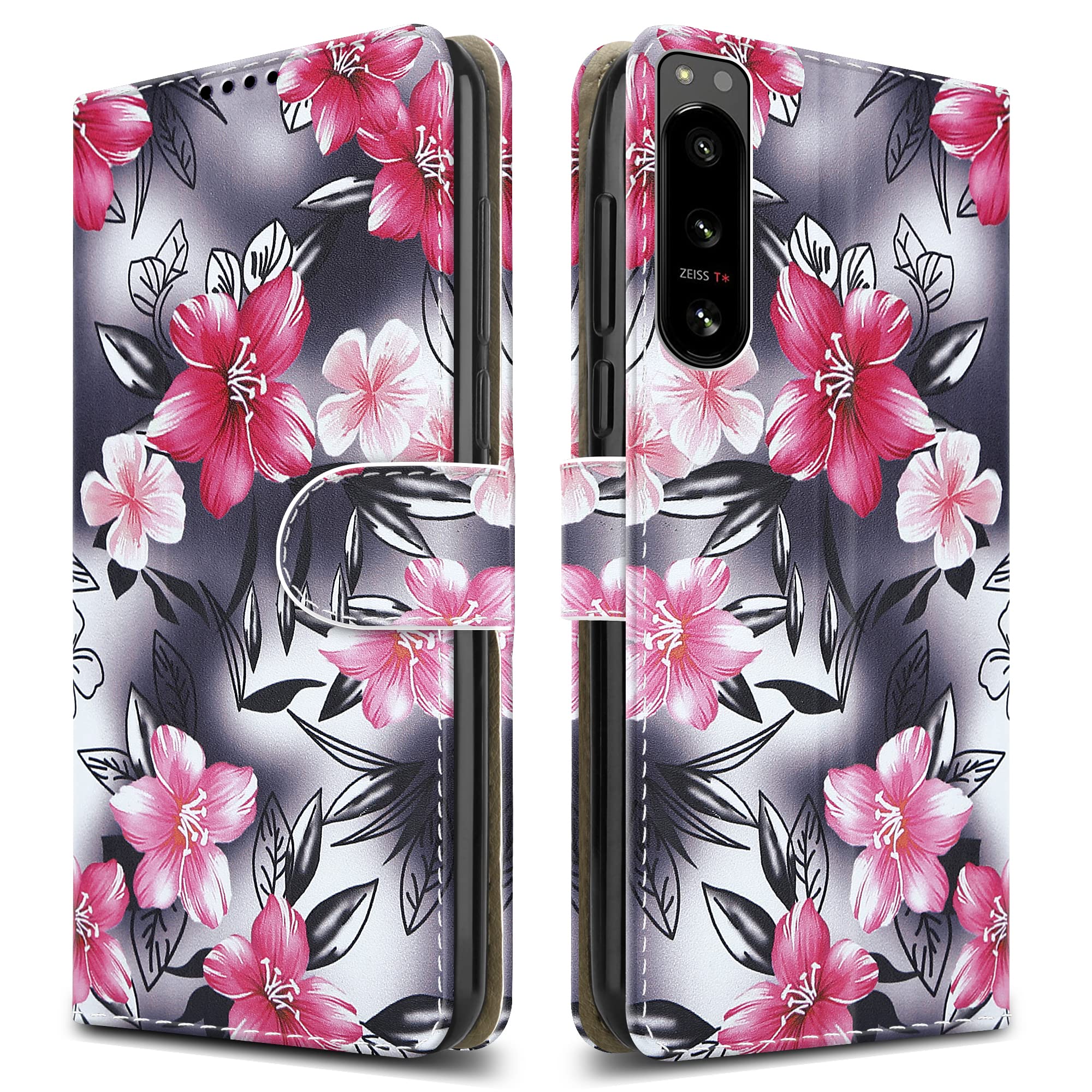 PIXFAB For Sony Xperia 5 IV Leather Phone Case, Magnetic Closure Full Protection Book Folio Design, Wallet Case Cover [Card Slots] and [Kickstand] For Sony Xperia 5 IV - Flower