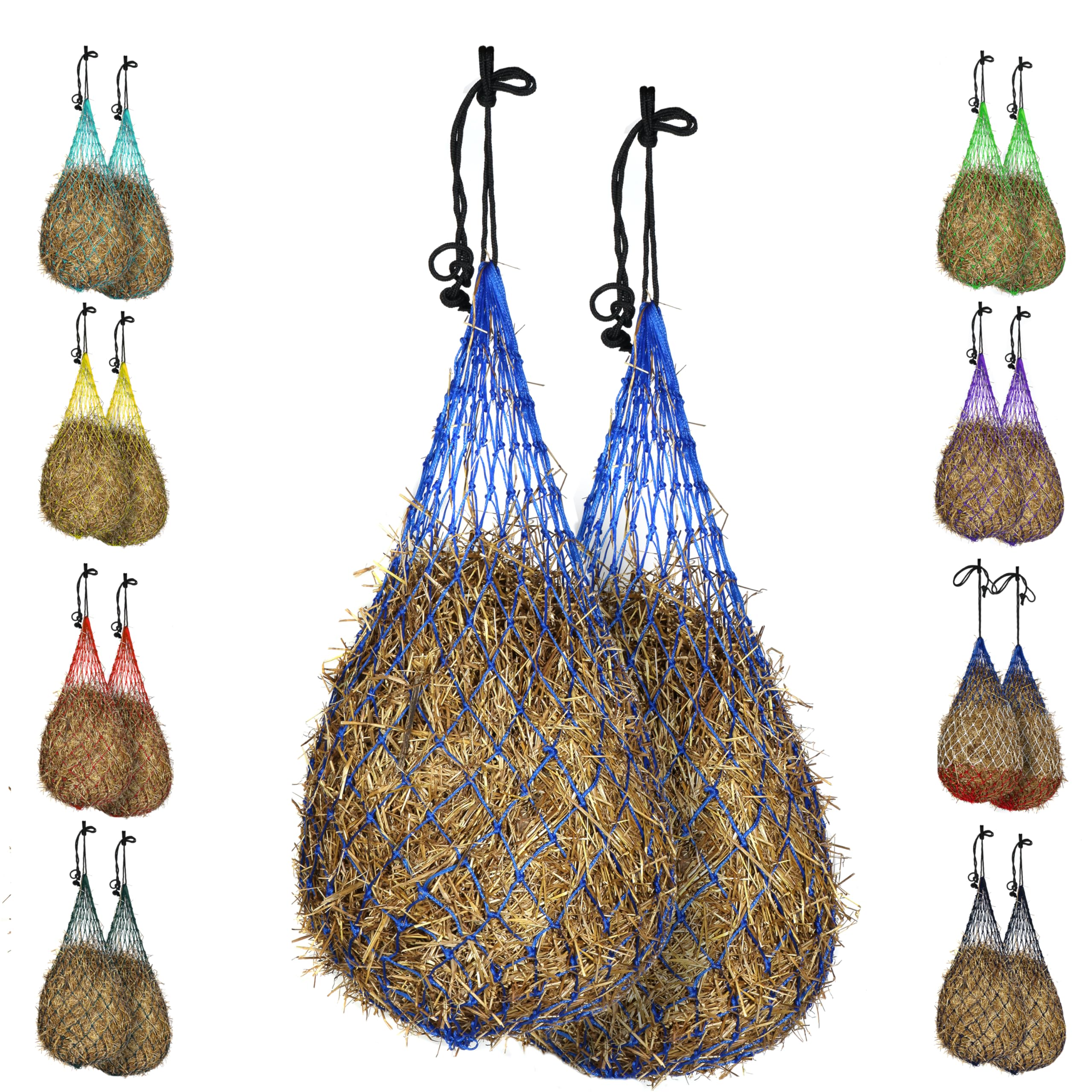 Majestic Ally 2 pcs Slow Feed 56” Hay Net with Soft 3"x3" Holes for Horses & Livestock, Nylon Rope Hanging, Simulates Grazing, Reduce Waste (Royal Blue)