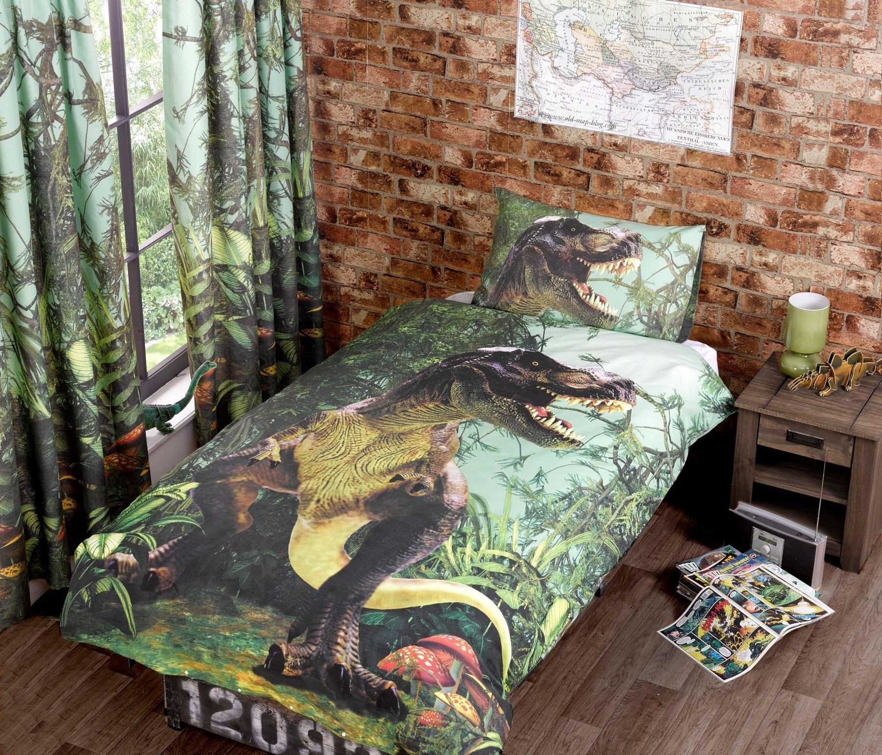 Hallways Jurassic Dinosaur T-Rex Lime Green Brown Jungle Single Bed Size Duvet Cover