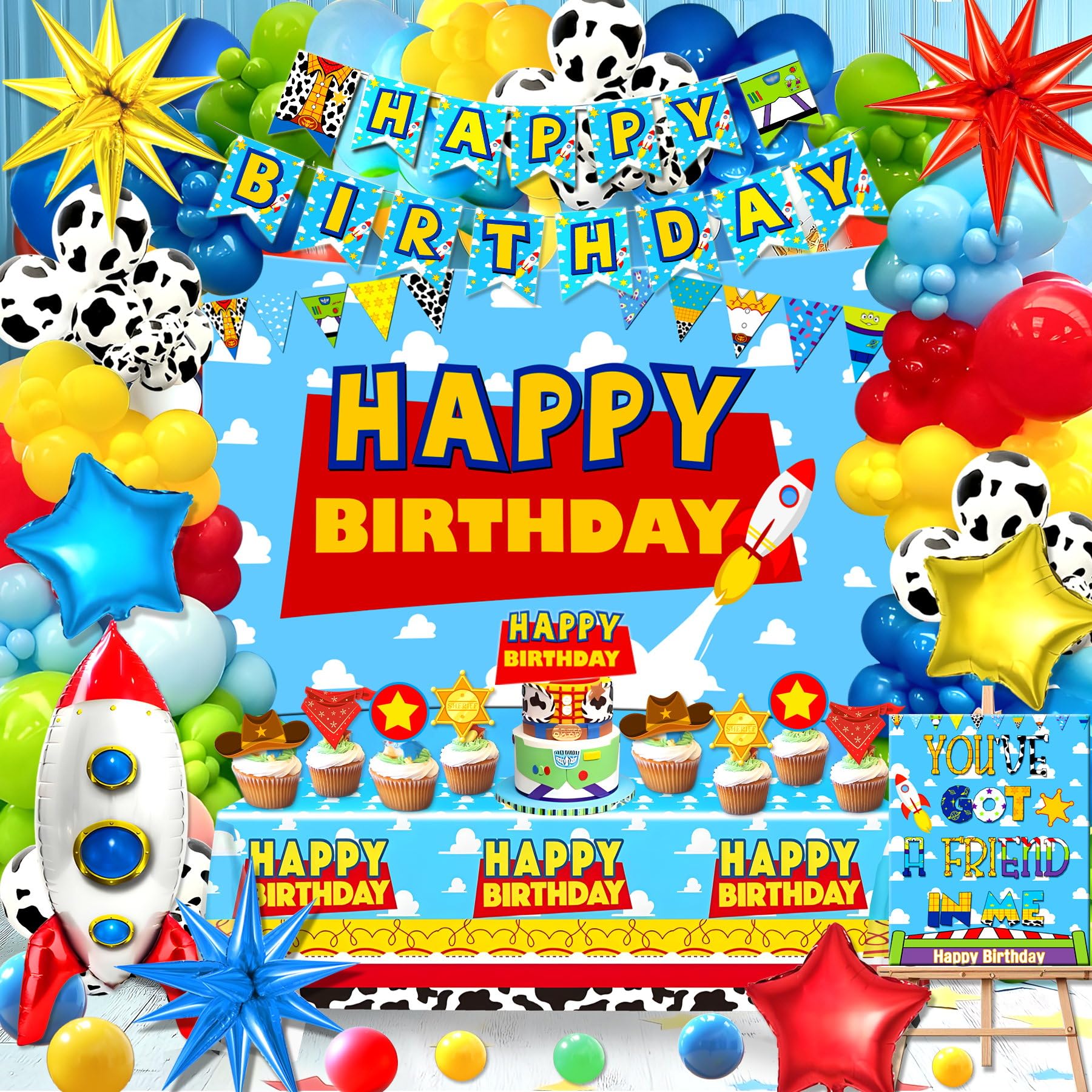 Photo 1 of 125pcs Toy Theme Birthday Decorations, Balloons Backdrop Banner Tablecloth Cake Topper for Cartoon Story Birthday Party Decorations