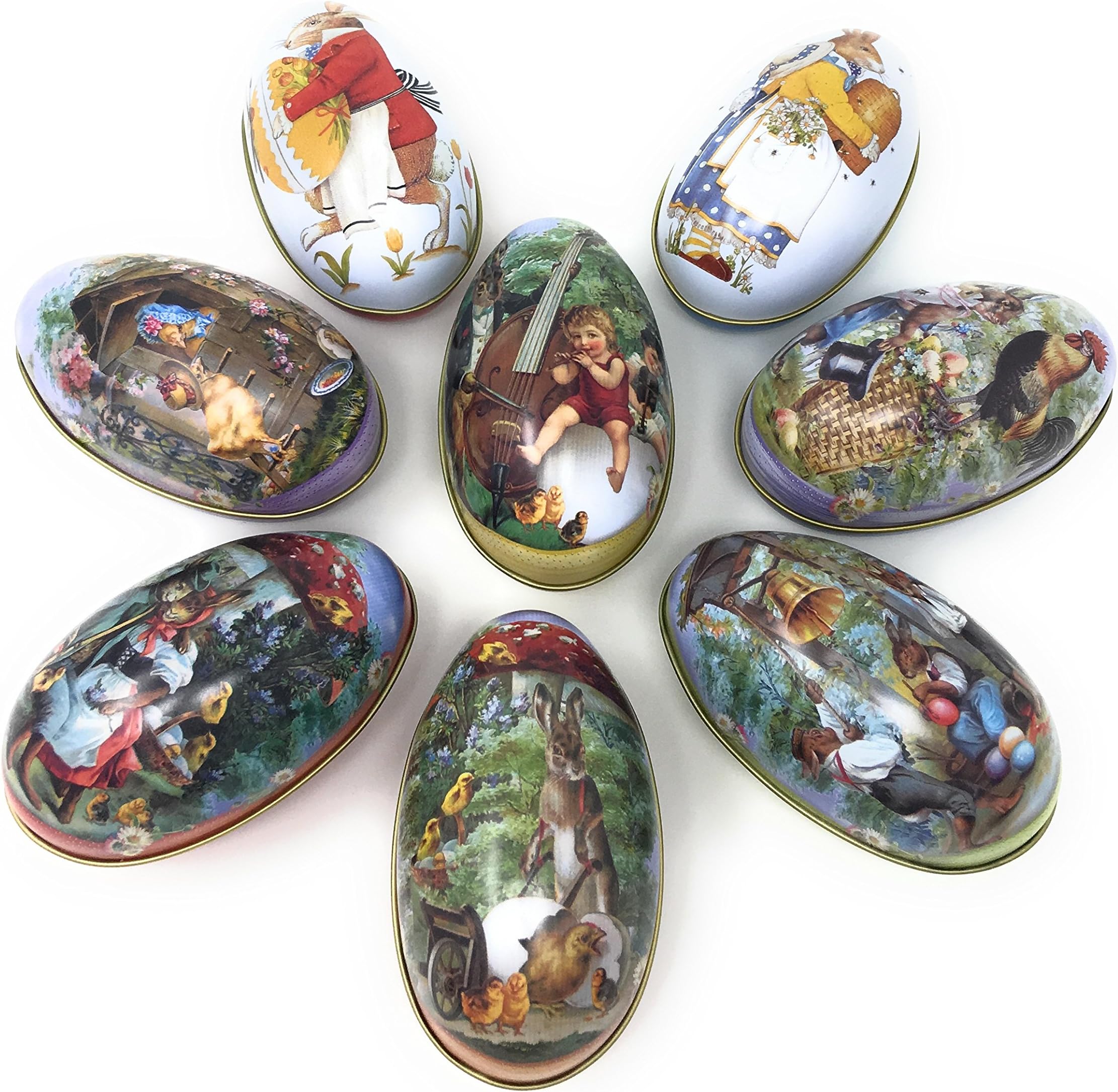 Tin Easter Eggs, Vintage Rabbit Chicks Flower Jumbo Large Size Set for Filling with Candy, Toys (8)