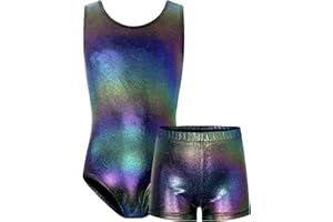 TENVDA Gymnastics Leotards for Girls 5-12 Years Old Sparkly Dance Tumbling Outfit Matching Shorts Set