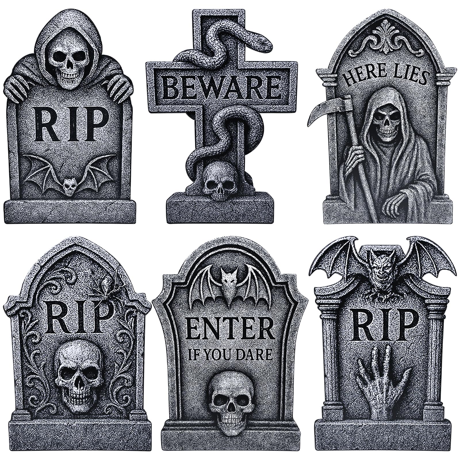 Photo 1 of 6 Pack Halloween Yard Signs Tombstone Set – 15 x 10 Inch Large Plastic Graveyard Decorations with Stakes, RIP Skull and Skeleton Tombstones for Lawn, Outdoor Haunted House and Party Decor