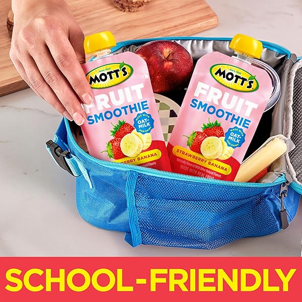 MOTT’S FRUIT SMOOTHIES STRAWBERRY BANANA, 4.2 OZ CLEAR POUCHES, 8 PACK, NON-DAIRY, MADE WITH OATMILK, MADE WITH REAL FRUIT, GOOD SOURCE OF CALCIUM, ON-THE-GO