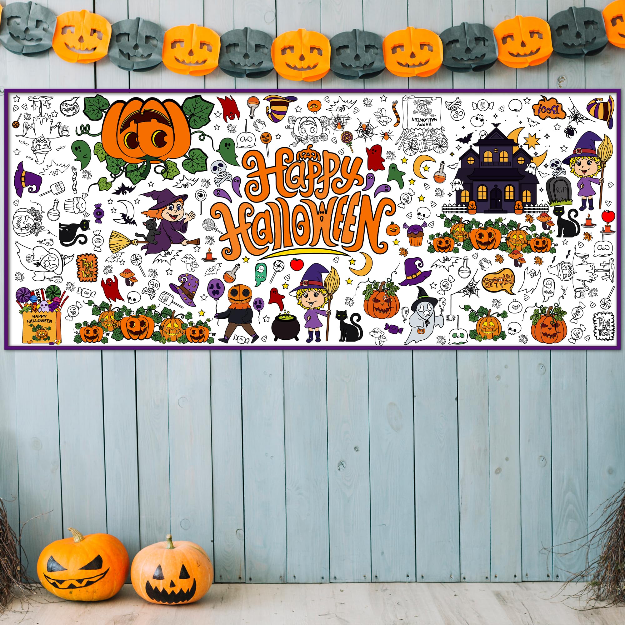 OHOME Halloween Giant Coloring Poster/Tablecloth-Halloween Crafts for Kids-30 x 72 Inches Jumbo Paper Coloring Banner Gifts for Kids Activities Games Toys Party Favors- Halloween Party Decorations