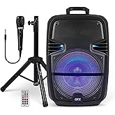 QFX PBX-616SM 15" Bluetooth Rechargeable Speaker with LED Lights, Mic and Stand, Black