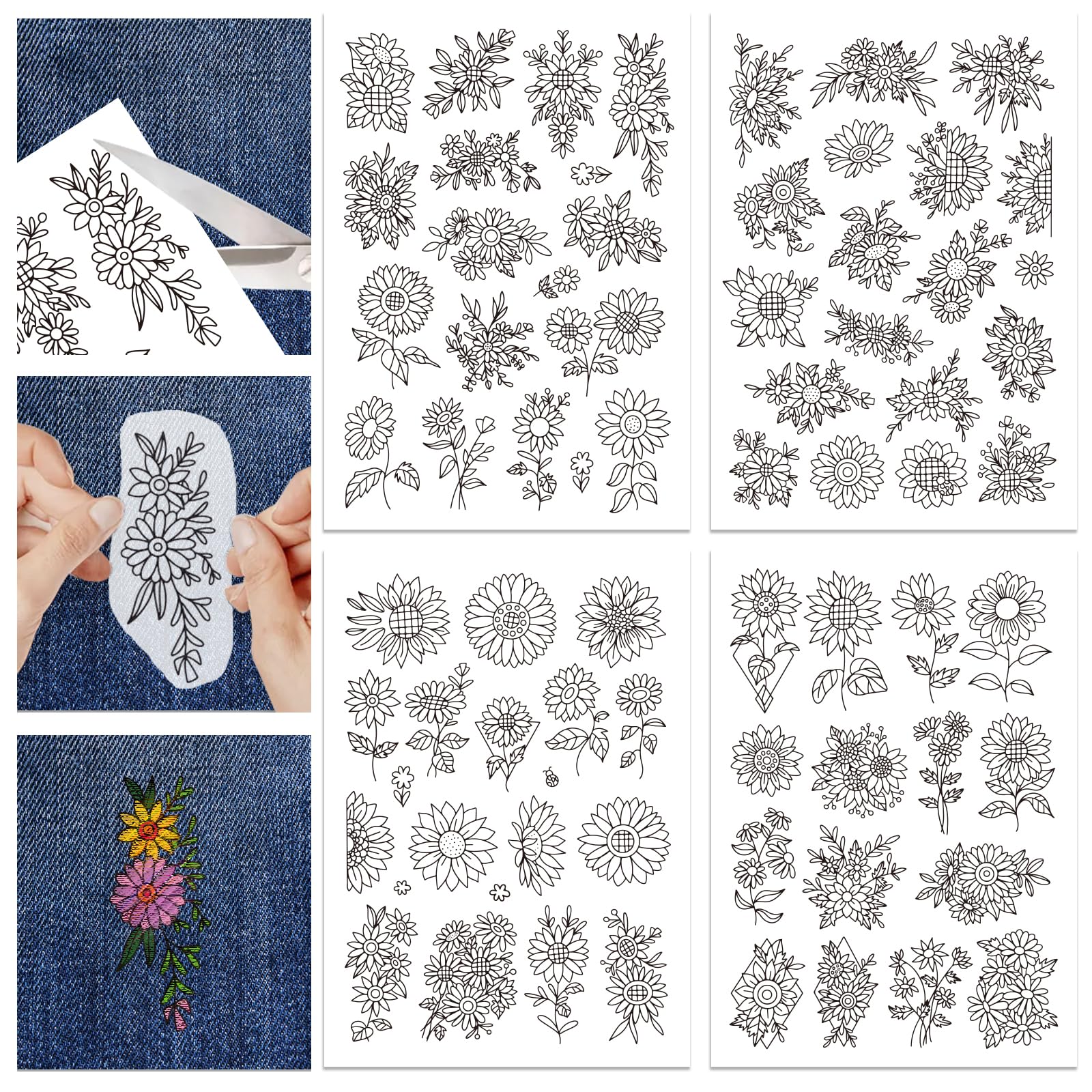 GLOBLELAND 4 Sheets 30x21cm Spring Sunflowers Water Soluble Embroidery Hand Sewing Stabilizers for Fabric Stitch Practice Embroidery Stickers Wash Away Stabilizers for Embroidery Beginners Lovers