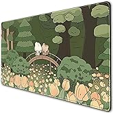 Anime Forest Desk Mat,Cute Green Mouse Pad,Kawaii Aesthetic Full Desktop Pad XXL Gaming Mousemat XL, Extended Korean Animals Bear Bunny Keyboard Mat Large 31.5x15.7 Inch Non-Slip&Stitched Edges