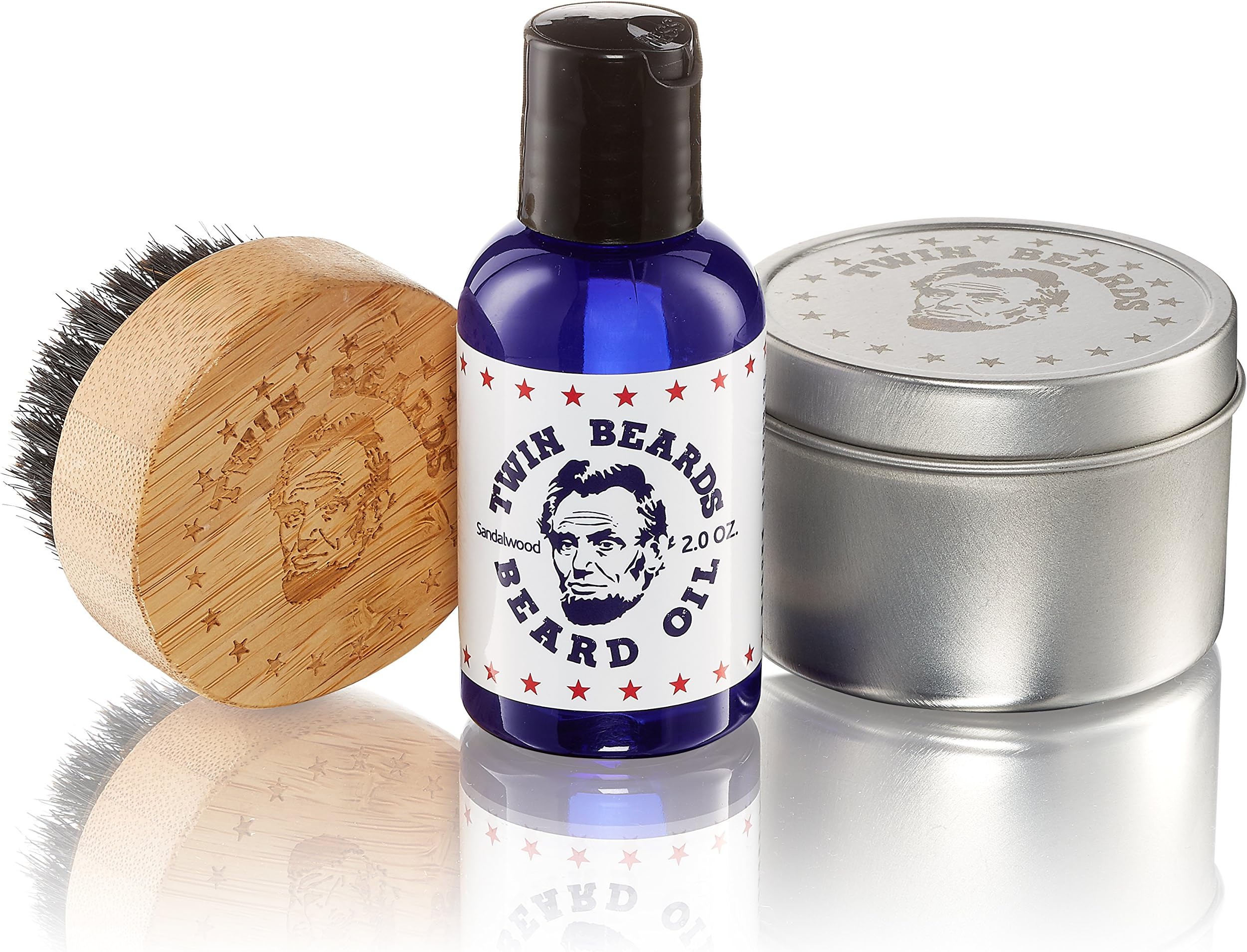 Twin Beards Beard Care Set for Men | 100% Boar Bristle Beard Brush & Metal Tin | Vitamin E for Healthy Skin | Conditions for a Soft & Full Beard | Sandalwood & Jojoba Oil | 2 Oz U.S.A