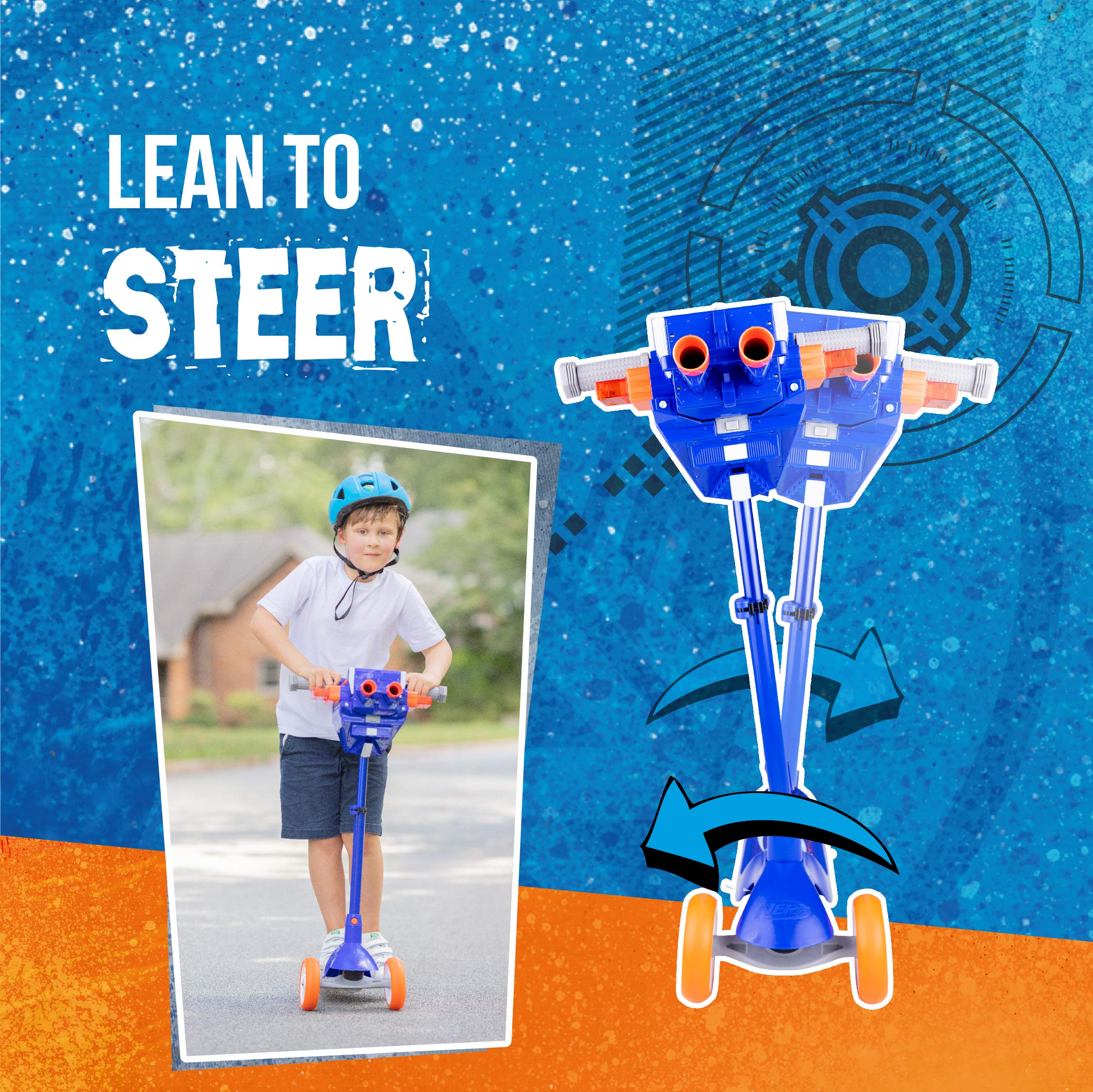 NERF Kick Scooter for Kids, Dual Barrel Blaster Fires Up to 40 Feet, Supports Up to 150lbs, Rear Brake, Sturdy Steel Frame, Wide Surface Textured Molded Deck, Outdoor Activities for Boys/Girls