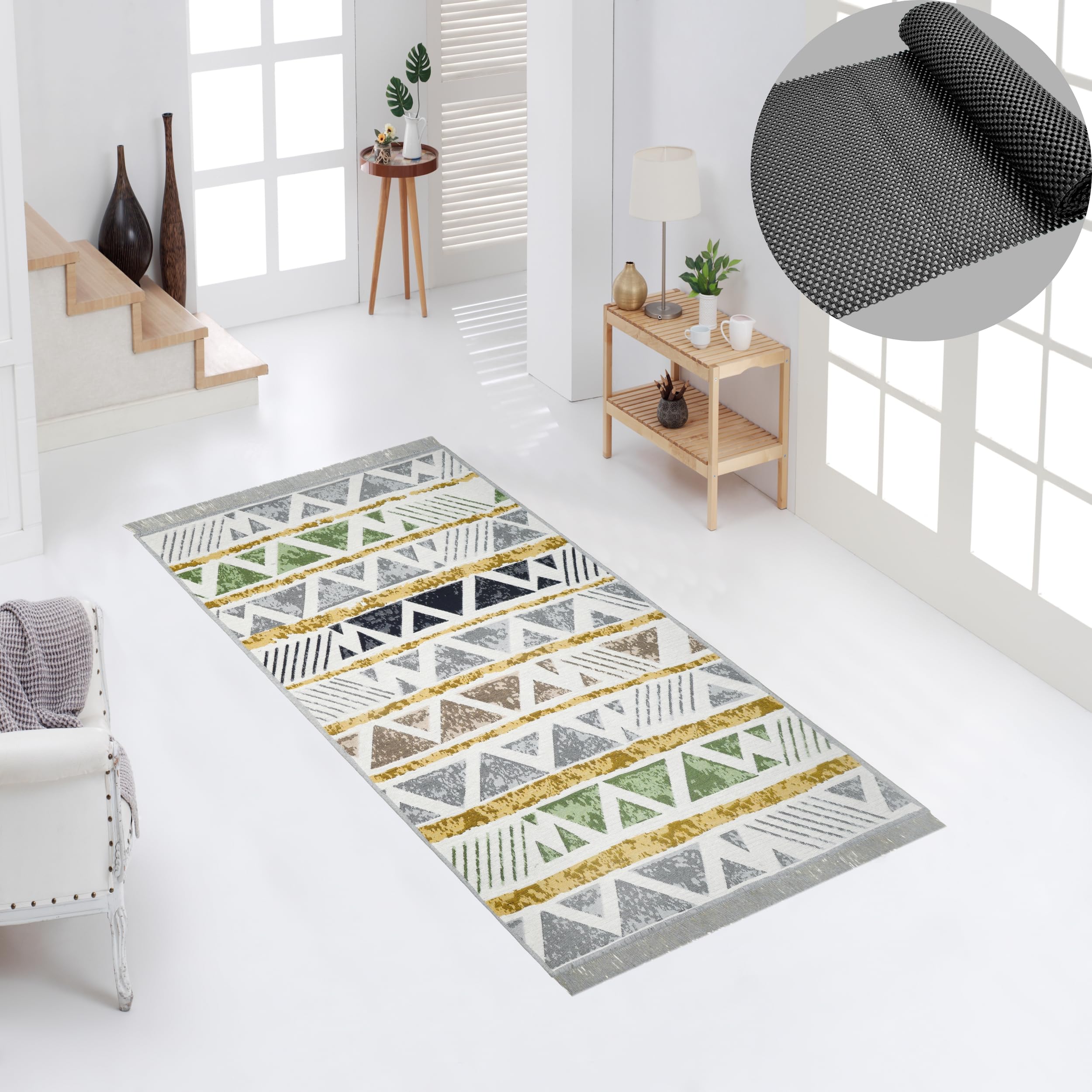 ALPSA TEXTILE Reversible Hallway Runner with Non Slip Mat | Machine Washable Area Rugs for Living Room, Bedroom and Kitchen | Carpet Runner Rugs for Hallway | Small Rug (Grey-Yellow, 60 x 180)