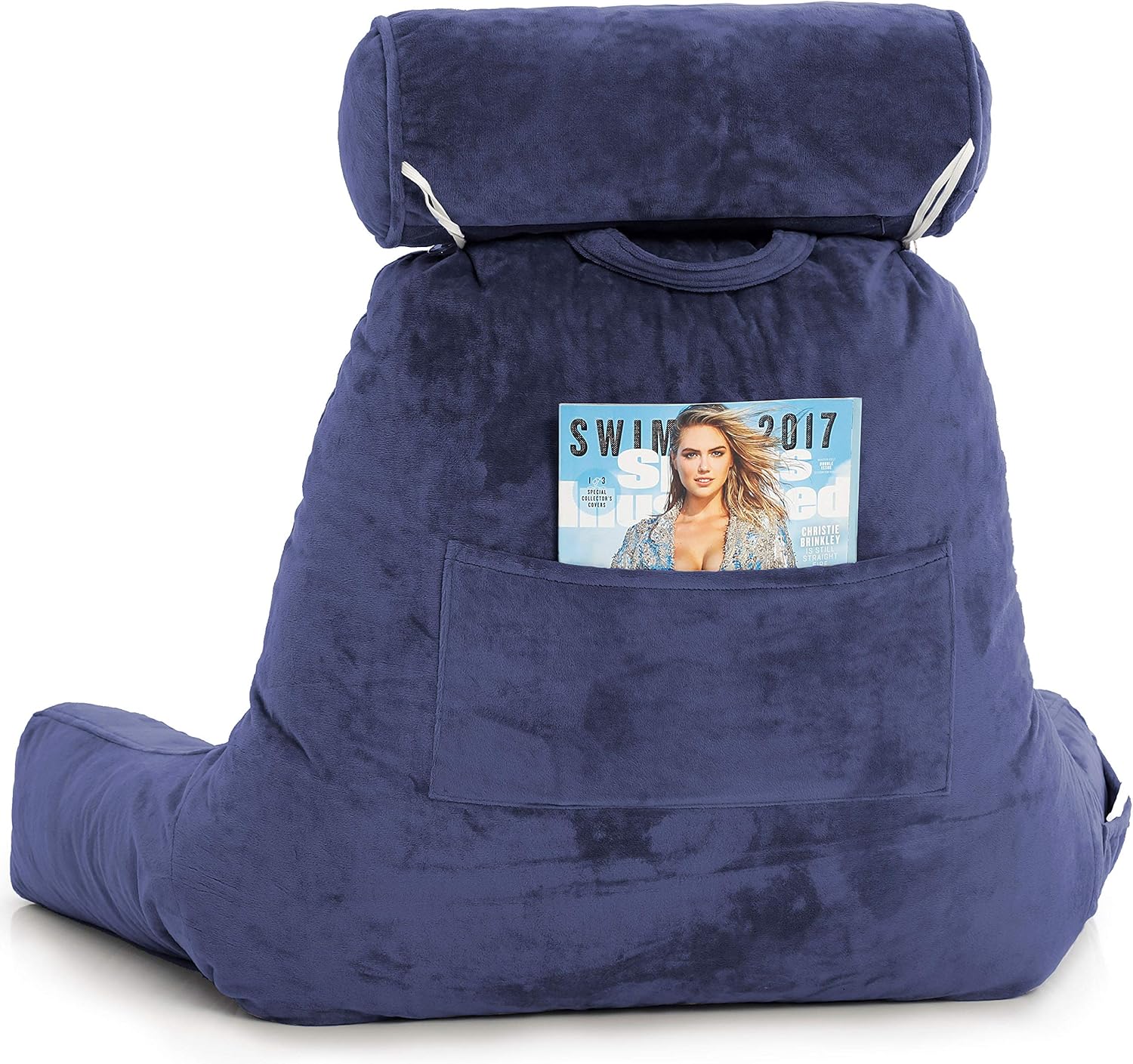Husband Pillow - Dark Blue, Big Backrest Reading Bed Rest Pillow with Arms, Plush Memory Foam Fill, Remove Neck Roll Off Bungee, Change Covers, Zipper On Shell of Bed Chair for Adjustable Loft: Home & Kitchen