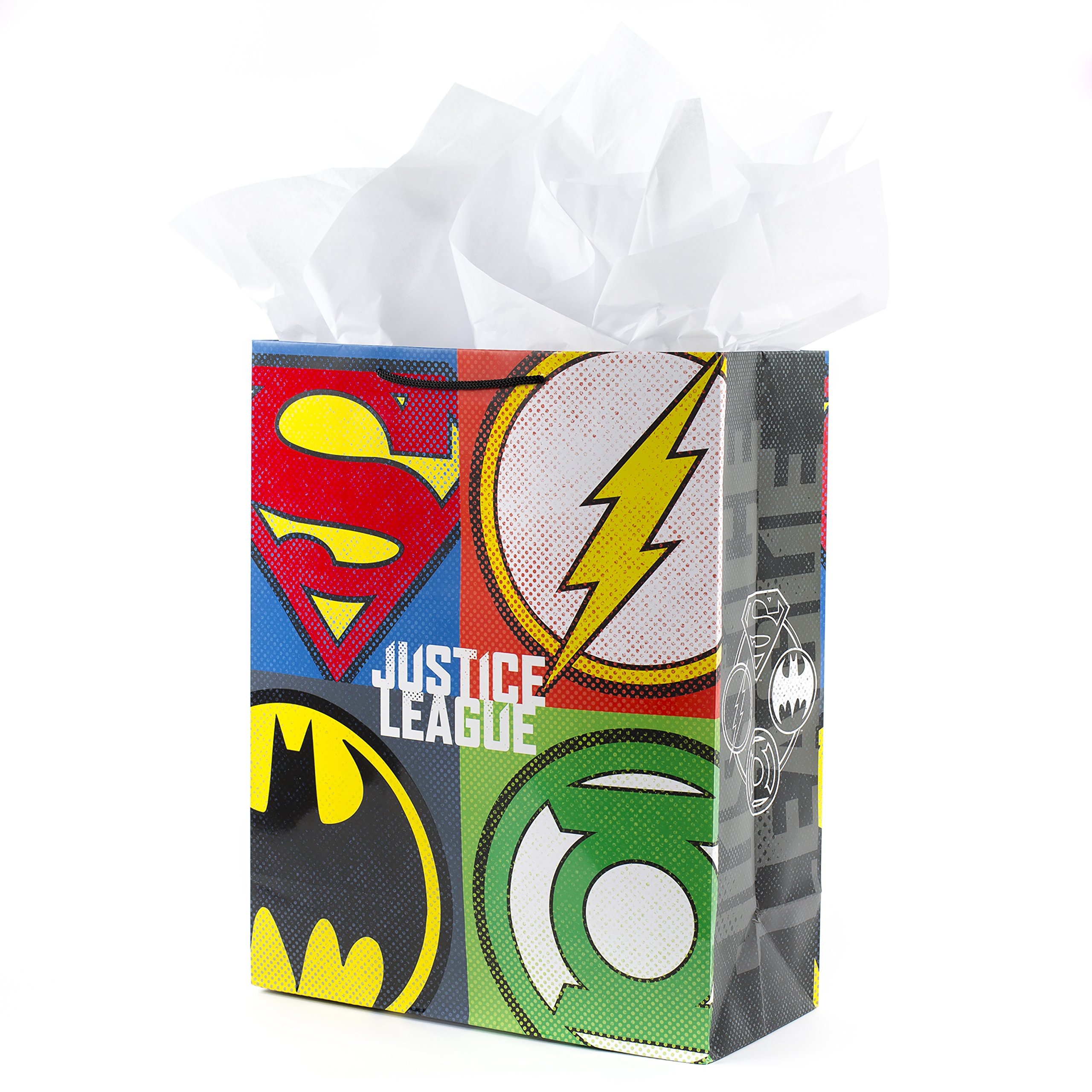 Hallmark 15" Extra Large Justice League Gift Bag with Tissue Paper (Superhero Logos) for Birthdays, Graduations, Father's Day, Christmas, Any Occasion