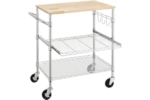 Finnhomy 3-Tier Rolling Kitchen Cart With 18" D x 30" W Oak Wood Tabletop, Kitchen Island With 4" Wheels and Slider Shelf, Microwave & Coffee Cart With Hooks for Dining Room, Chrome