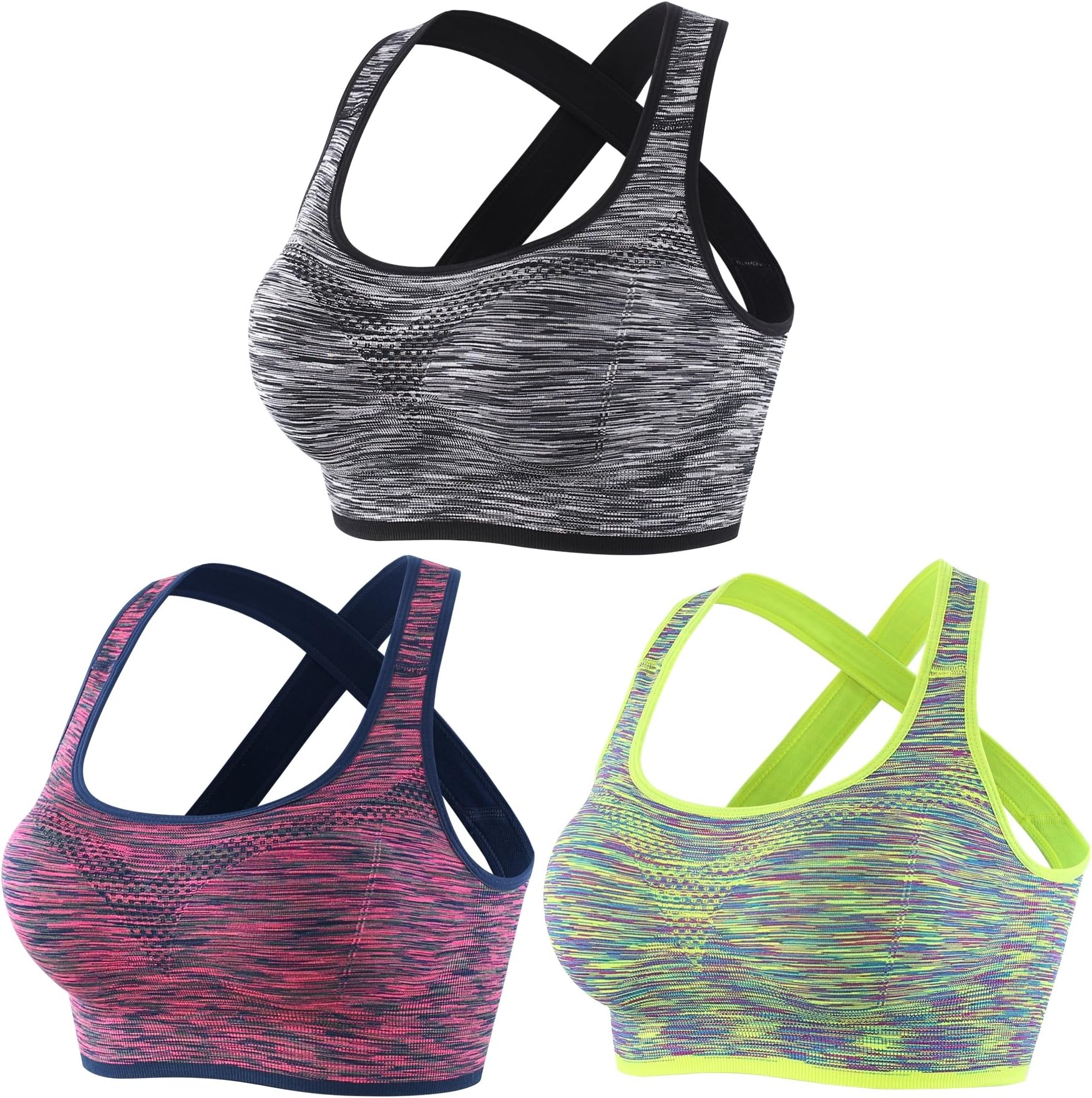EMY Crossback Women's Sports Bra Space Dye Yoga Bra for Running Jogging Crossfit Fitness Workout (3 Pack, S)