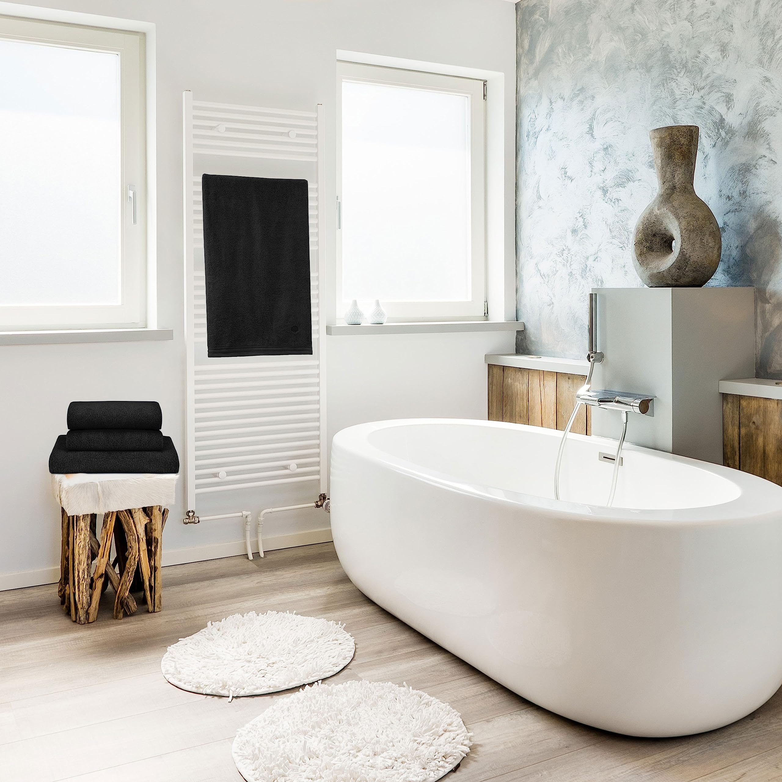 KLASBROOK® Linnea 6 teiliges Luxus Handtücher Set Schwarz, extra flauschig und saugfähig aus 100% Baumwolle Oeko-TEX 100 Zertifiziert mit Aufhänger, 4 Handtücher 50x100 + 2 Badetücher 70x140 6