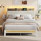 WLIVE Queen Bed Frame with Headboard, Upholstered Bed Frame with 2 Storage Shelves, Platform Bed with LED Lights and Charging Station, 1500LBS Mattress Foundation, No Box Spring Needed, Beige
