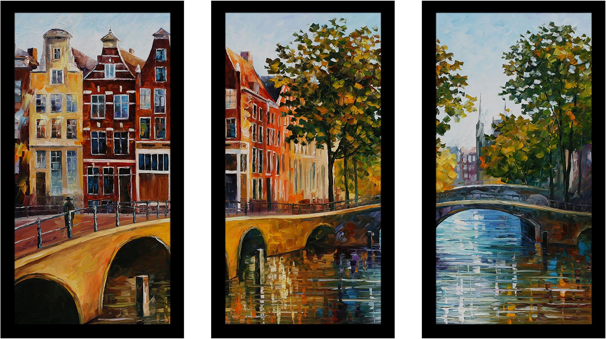 Picture Perfect International Leonid Afremov The Gateway to Amsterdam Framed Plexiglass Art Set of 3 Wall-Decor, 17.5" W x 33.5" H x 1" D