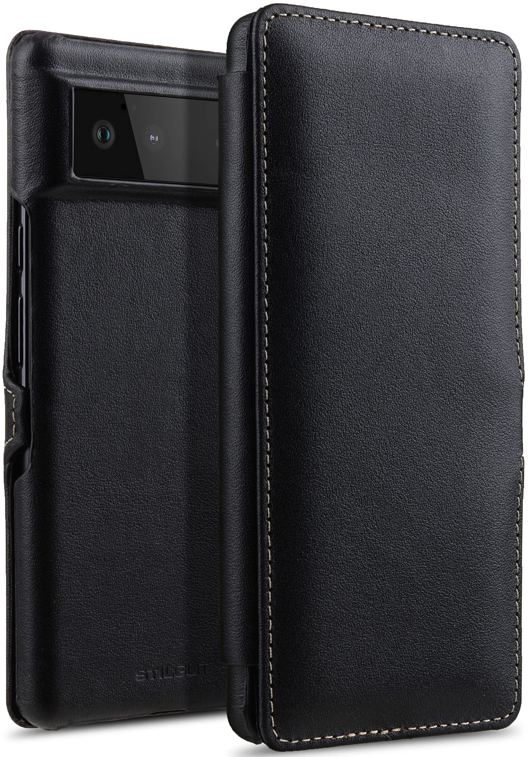 STILGUT Book Case Compatible with Google Pixel 6 Leather Case with Clip Closure, Leather Case, Flip Case, Mobile Phone Case - Black Nappa