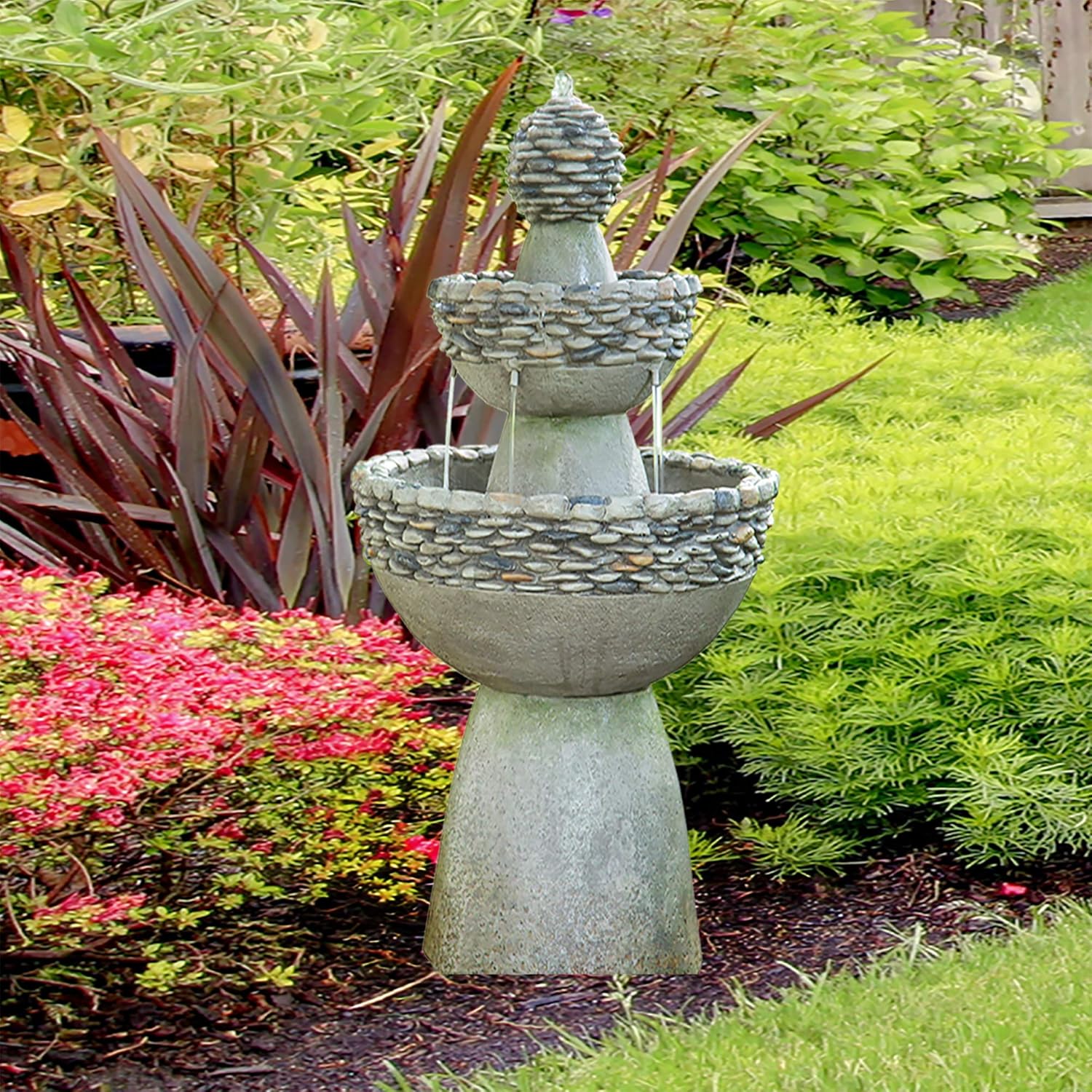 Peaktop FI0030AA Majestic Zen 3 Tiered Stone Like Floor Waterfall Water Fountain for Outdoor Patio Garden Backyard Decking with Pump, 37" Height, Gray : Garden & Outdoor