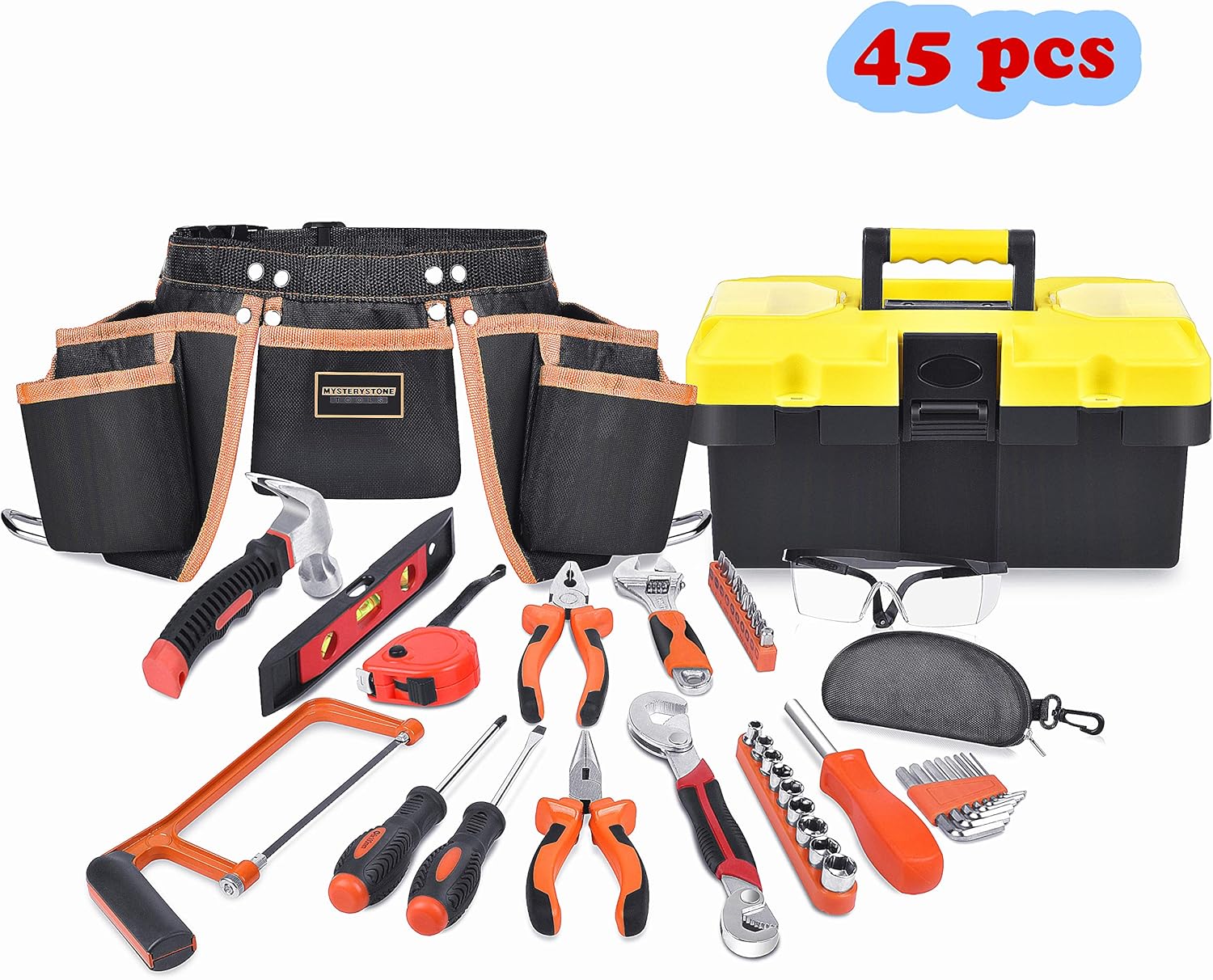 Mysterystone 45 Pieces kids real tool set Construction Tool Set for Kids with tool belt,hand tools,safety gogles,solid tool box–Kids Learning Tool Kit for Home DIY and Woodworking, Great Gift Tool kit