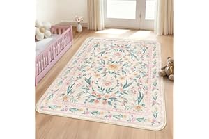 Dadasgk Pink Floral Area Rug for Nursery, 5x7 Washable Rounded Corner Rugs for Bedroom Girls Playroom or Kids Room,Boho Soft 